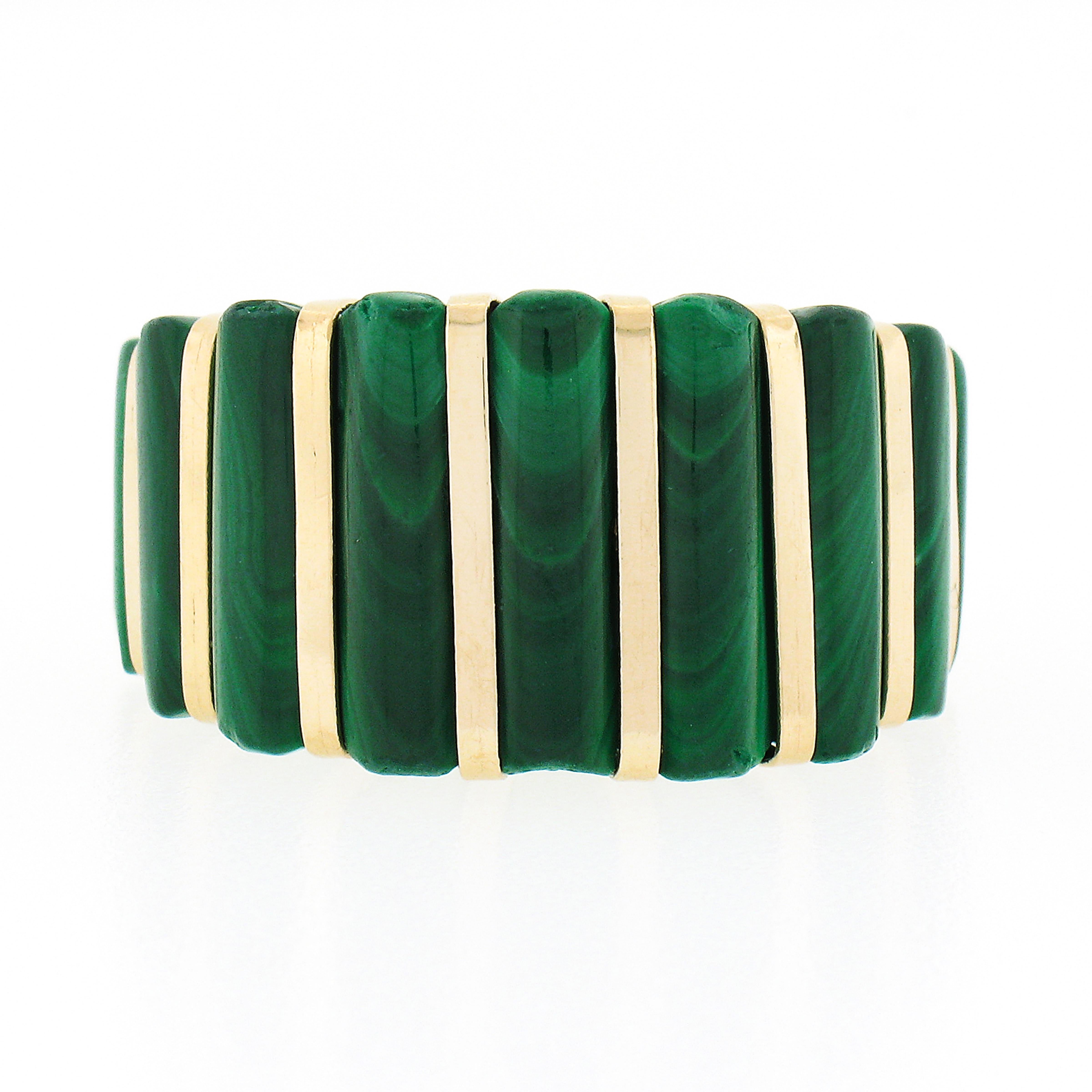MAZ 14k Yellow Gold Graduating Inlaid Malachite Stripe Large Wide High Dome Ring In Good Condition In Montclair, NJ