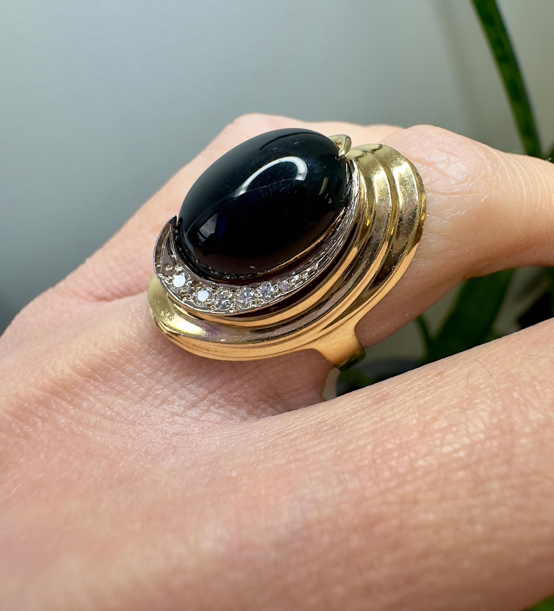 Women's or Men's Maz 14k Yellow Gold Onyx & Diamond Vintage Ring For Sale