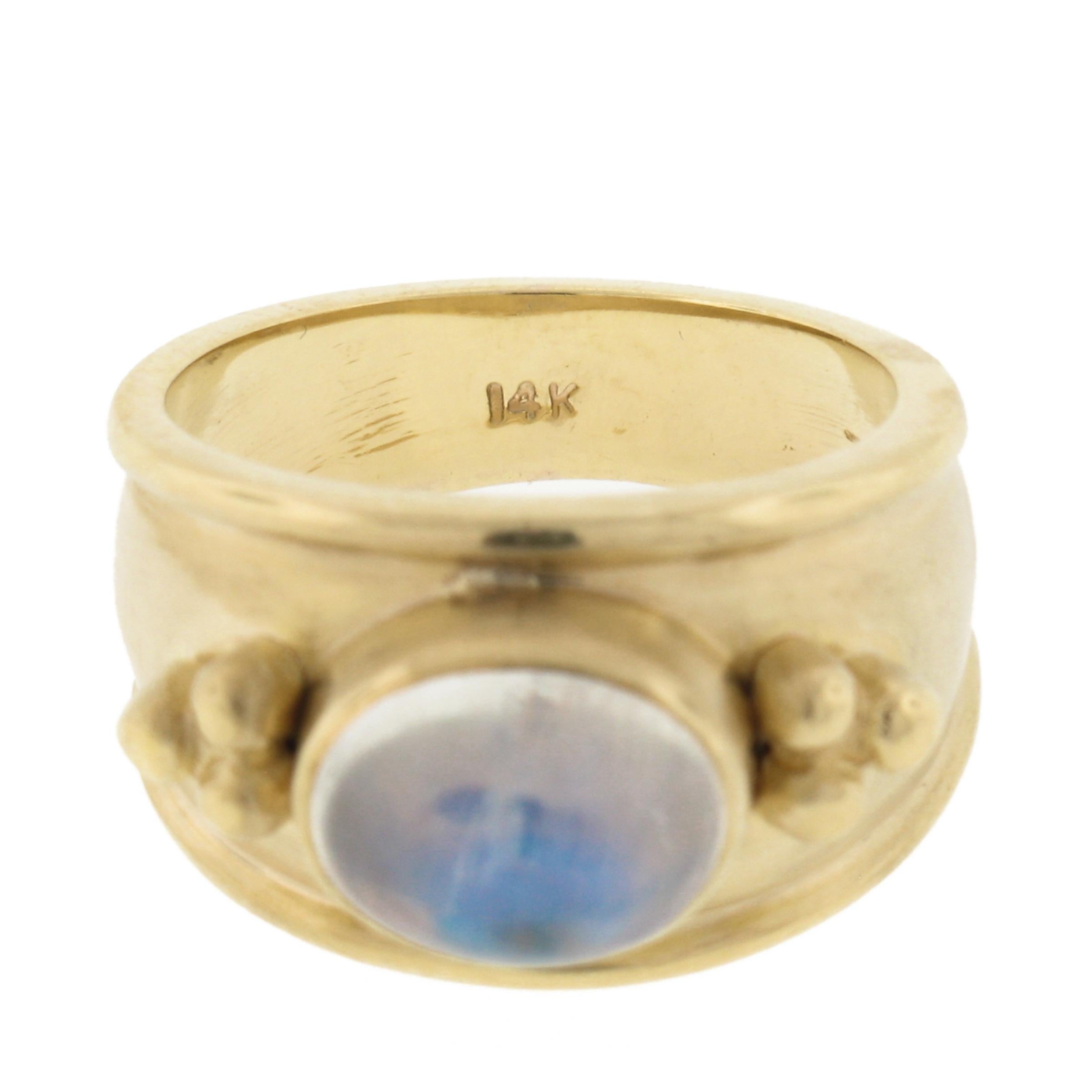 Maz 14k Yellow Gold Oval Moonstone Matte Finish Cigar Band Ring w/ Bead Work For Sale 5
