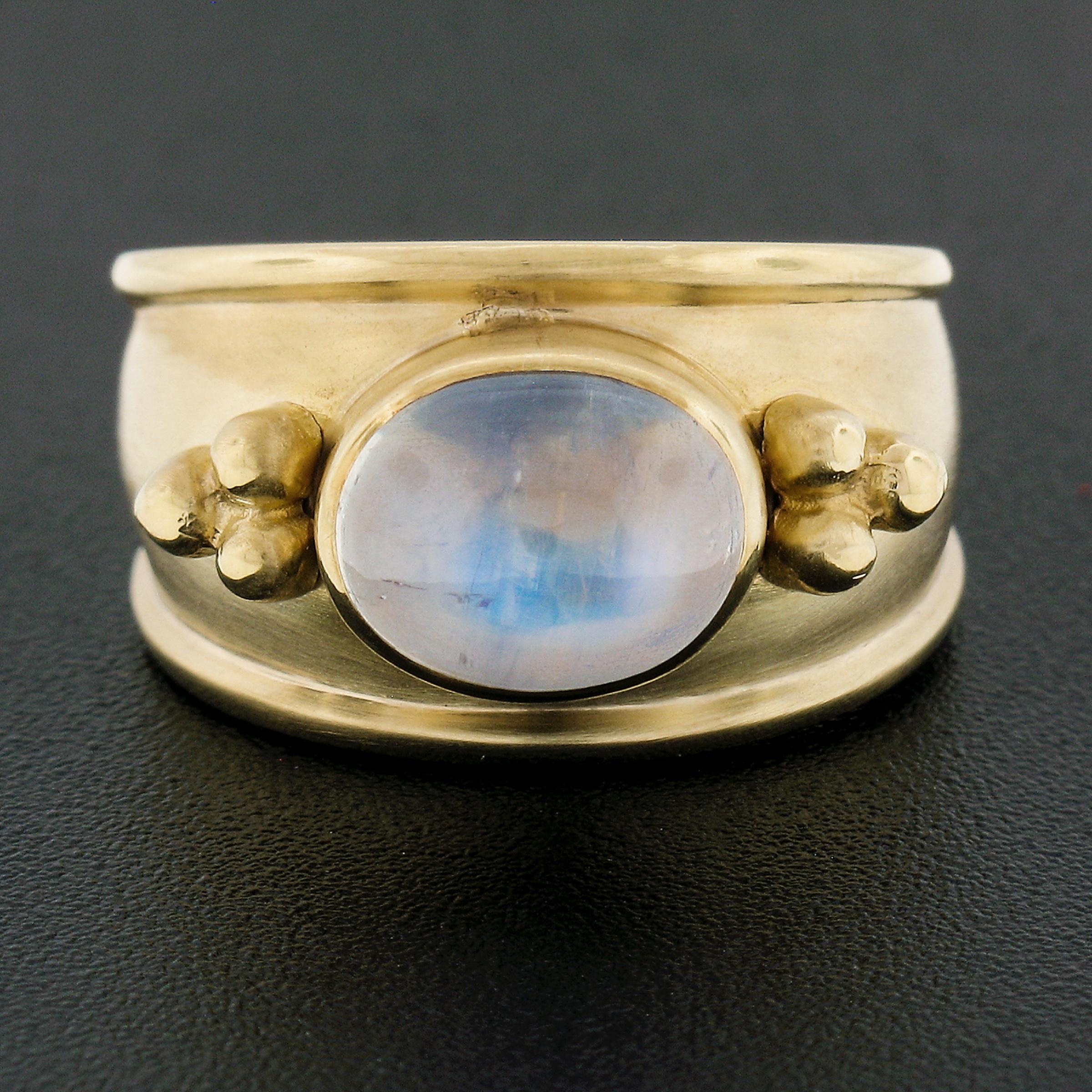 Oval Cut Maz 14k Yellow Gold Oval Moonstone Matte Finish Cigar Band Ring w/ Bead Work For Sale