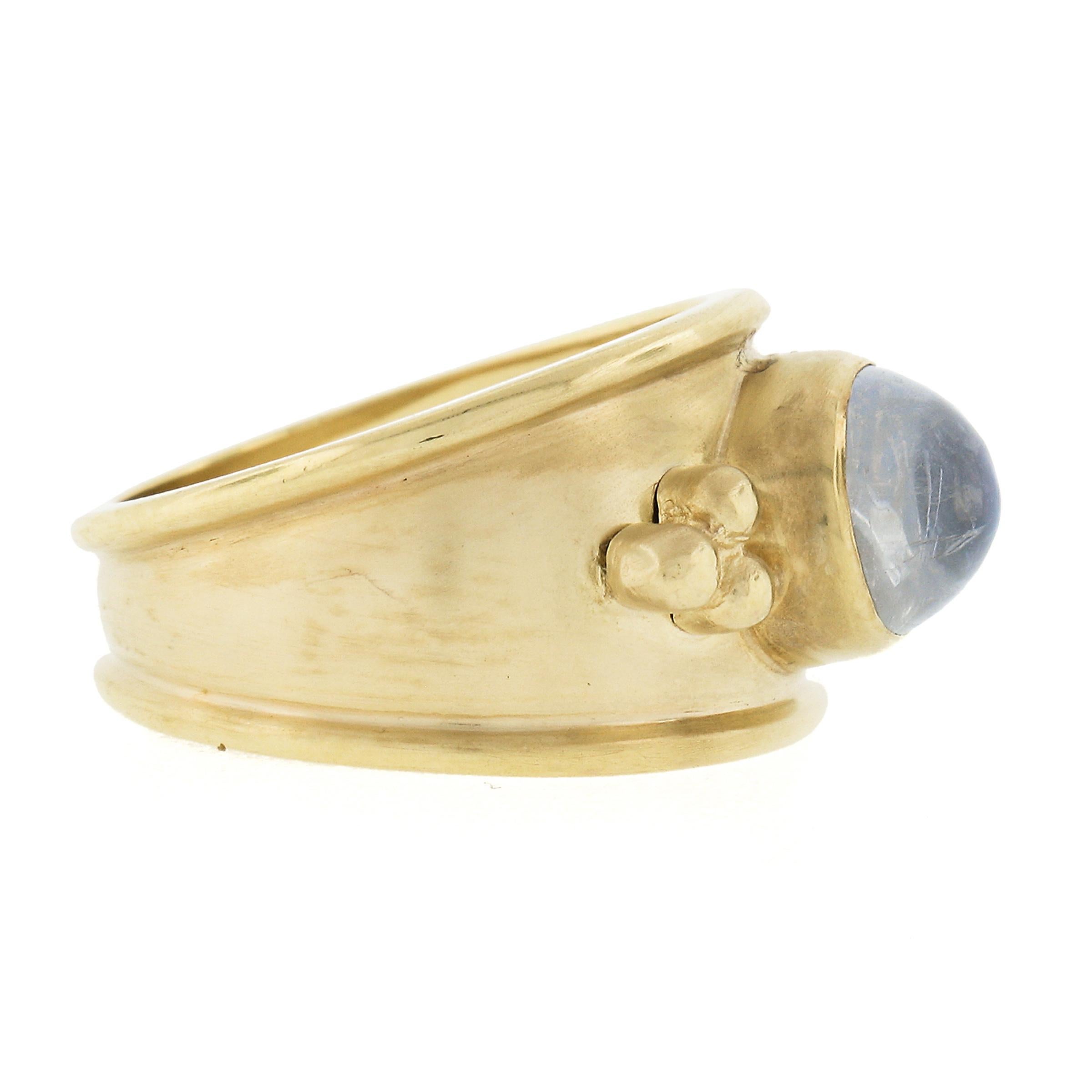 Women's Maz 14k Yellow Gold Oval Moonstone Matte Finish Cigar Band Ring w/ Bead Work For Sale