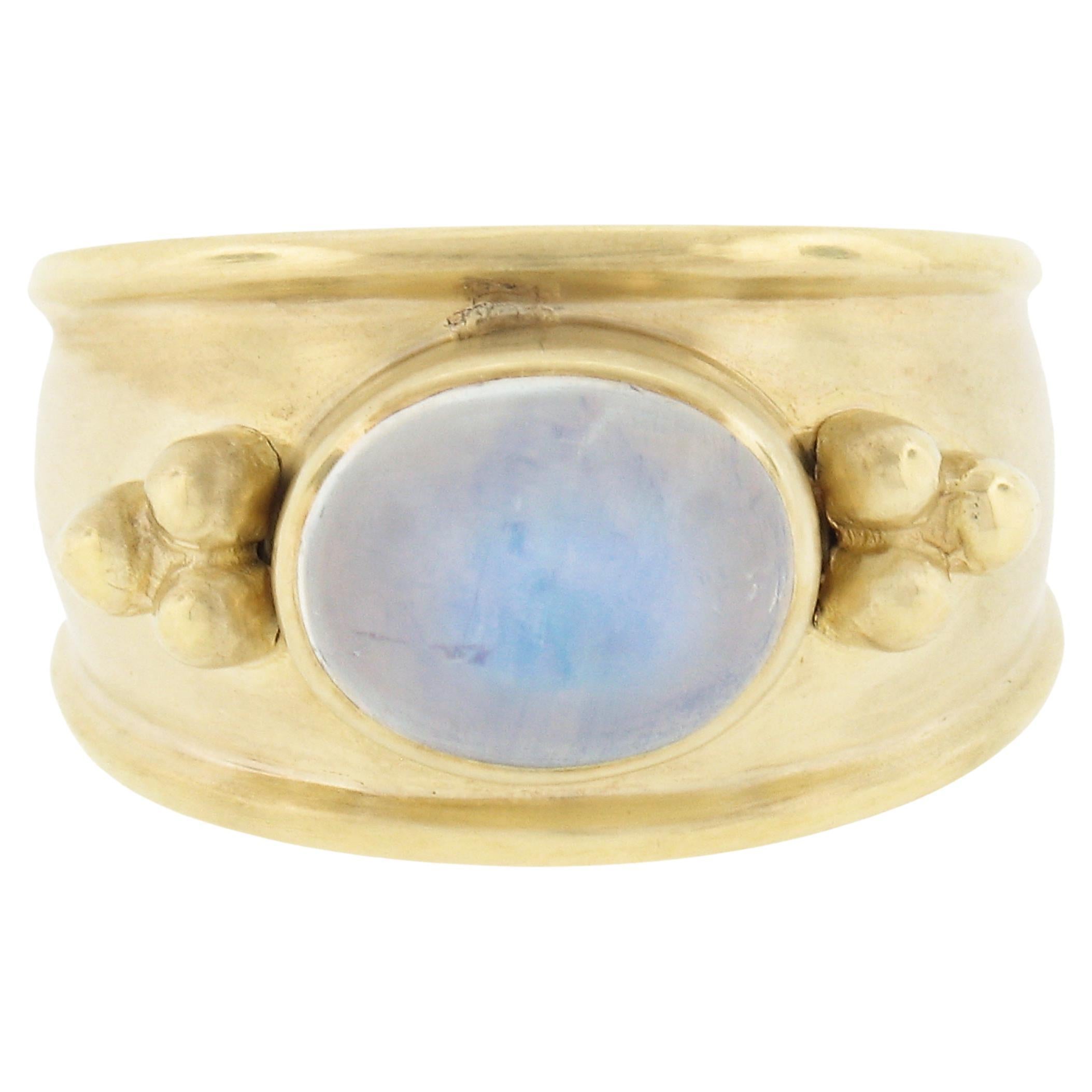 Maz 14k Yellow Gold Oval Moonstone Matte Finish Cigar Band Ring w/ Bead Work For Sale