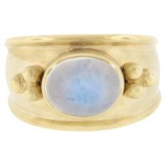 Vintage Maz 14k Yellow Gold Oval Moonstone Matte Finish Cigar Band Ring w/ Bead Work