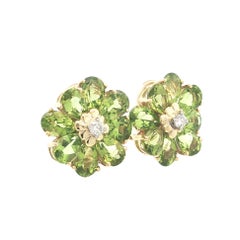 MAZ Pendientes Omega Redondos Flor Peridoto y Diamante en Oro Amarillo de 14k