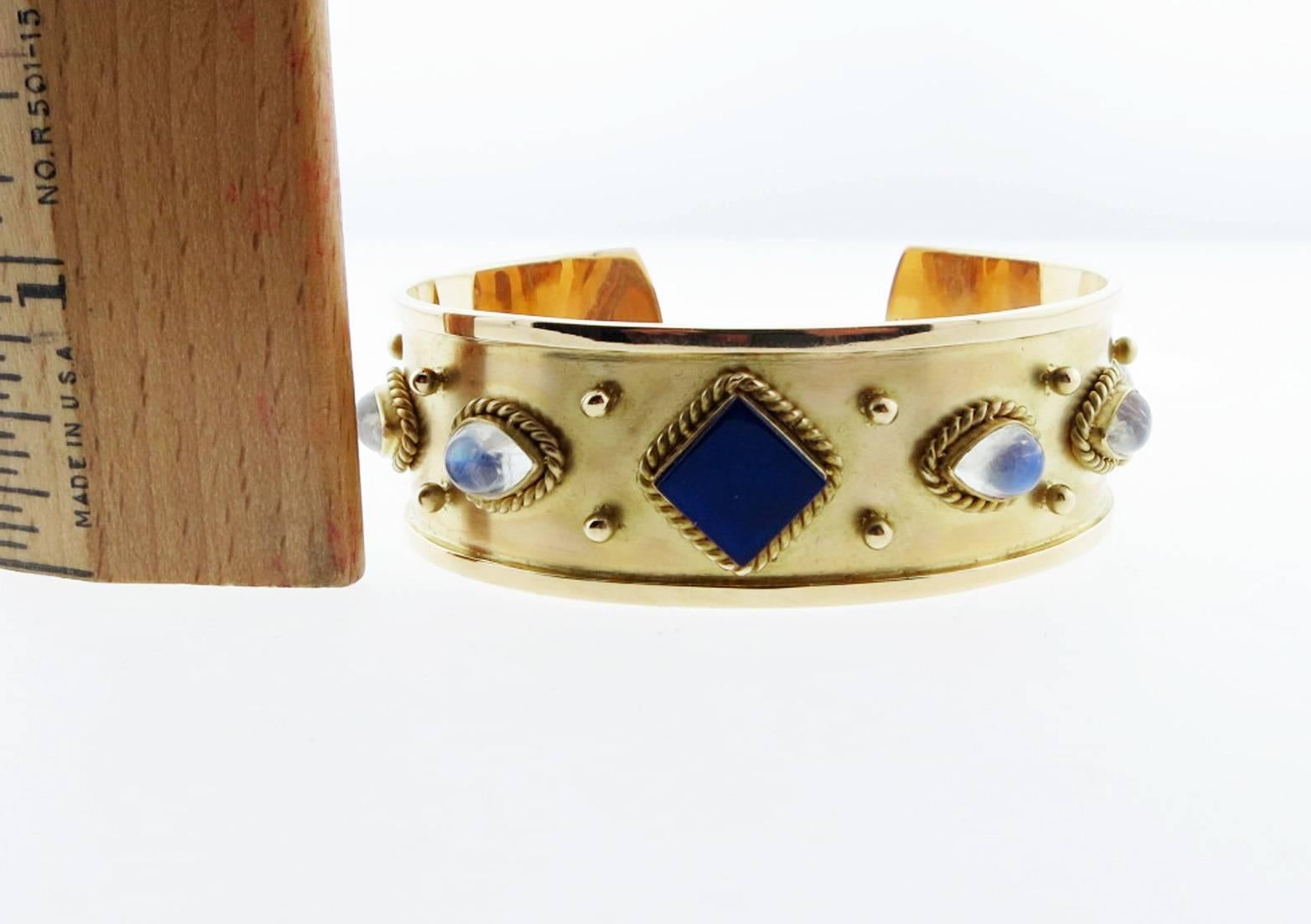 Contemporary MAZ Lapis Lazuli and Moonstone Gold Cuff Bracelet For Sale