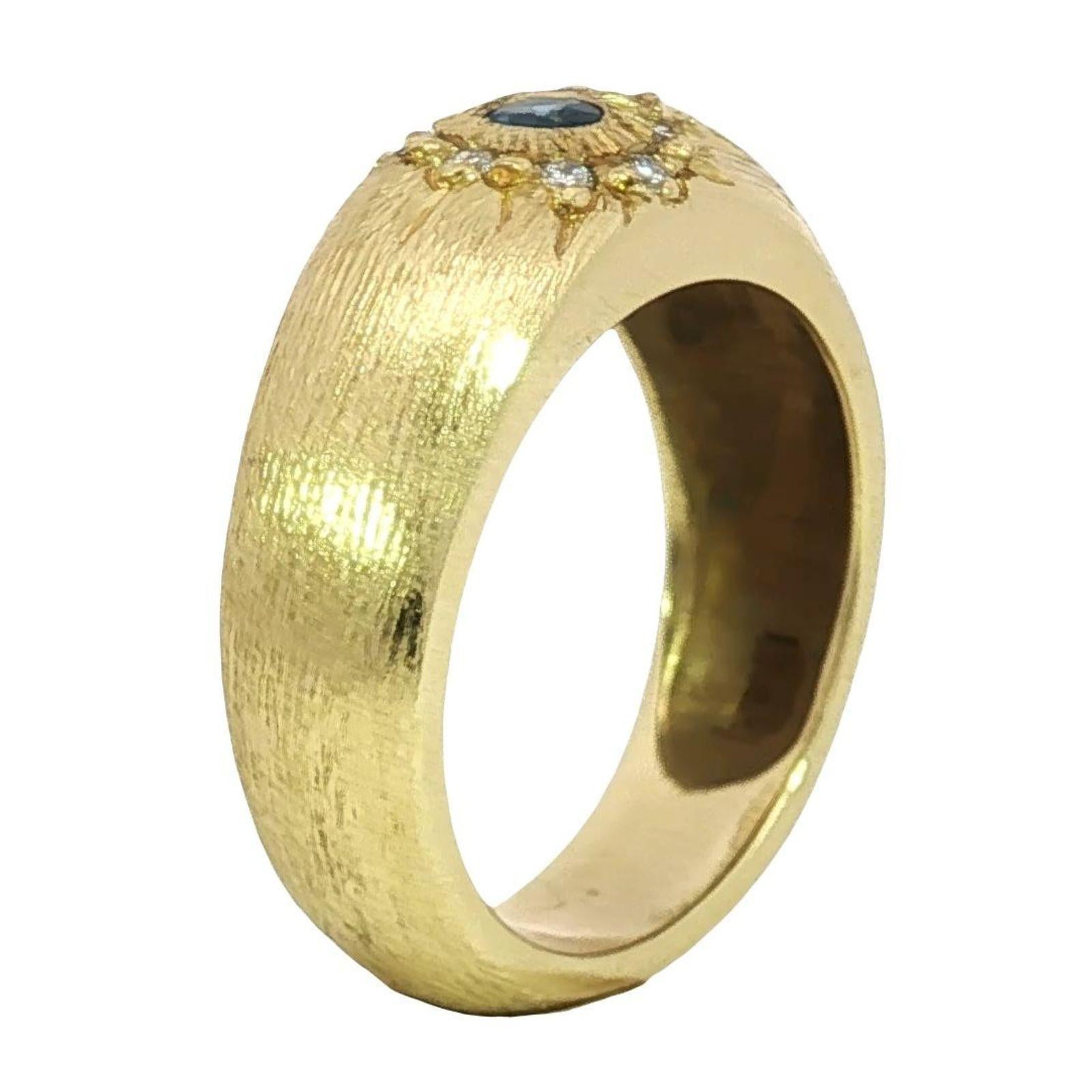 MAZ 18K Diamond Starburst Ring Sapphire Center Florentine Matted Yellow Gold For Sale 4