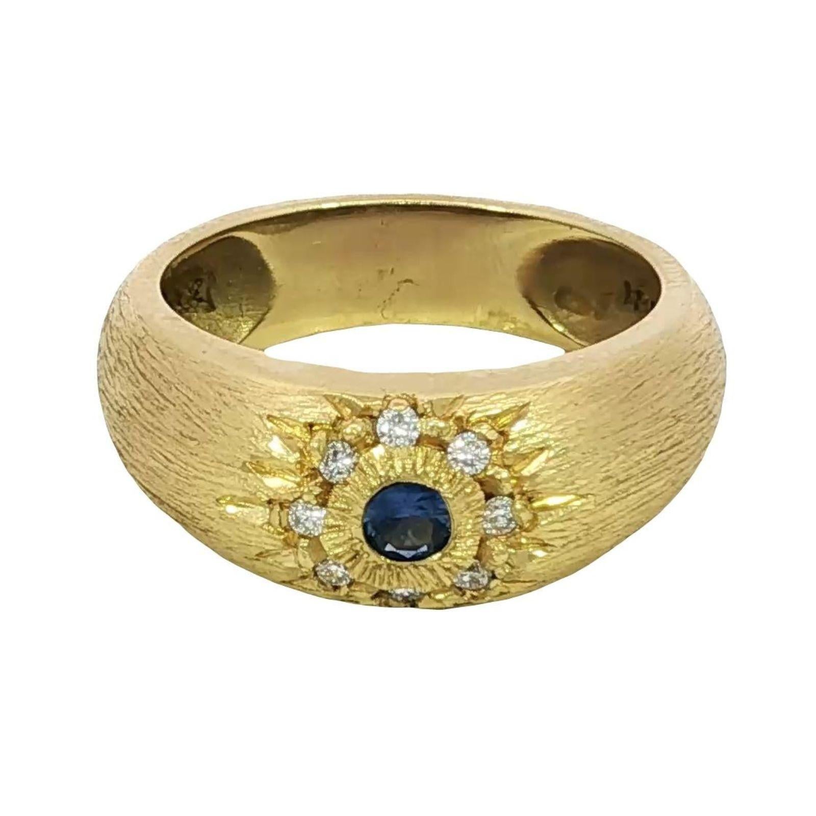 MAZ 18K Diamond Starburst Ring Sapphire Center Florentine Matted Yellow Gold In Excellent Condition For Sale In Fairfield, CT