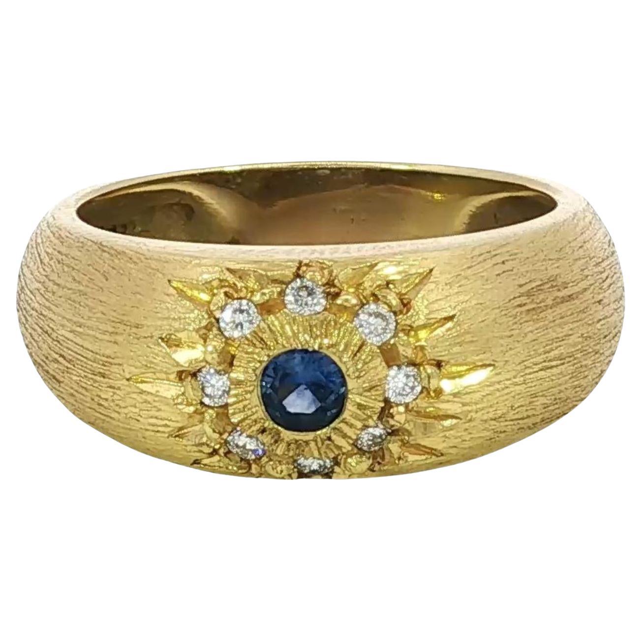 MAZ 18K Diamond Starburst Ring Sapphire Center Florentine Matted Yellow Gold For Sale