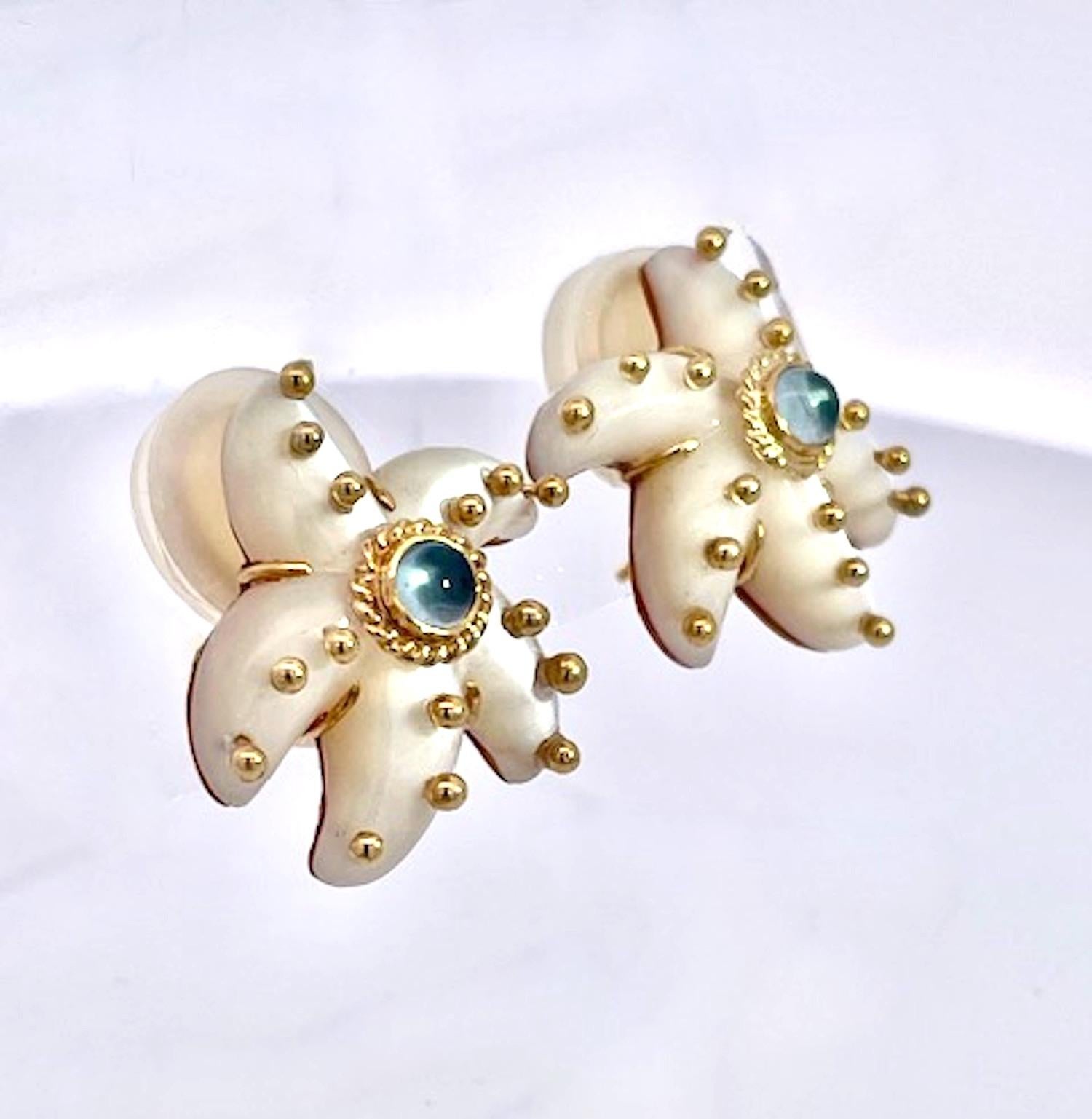 Round Cut Maz 18K MOP Aquamarine Earrings