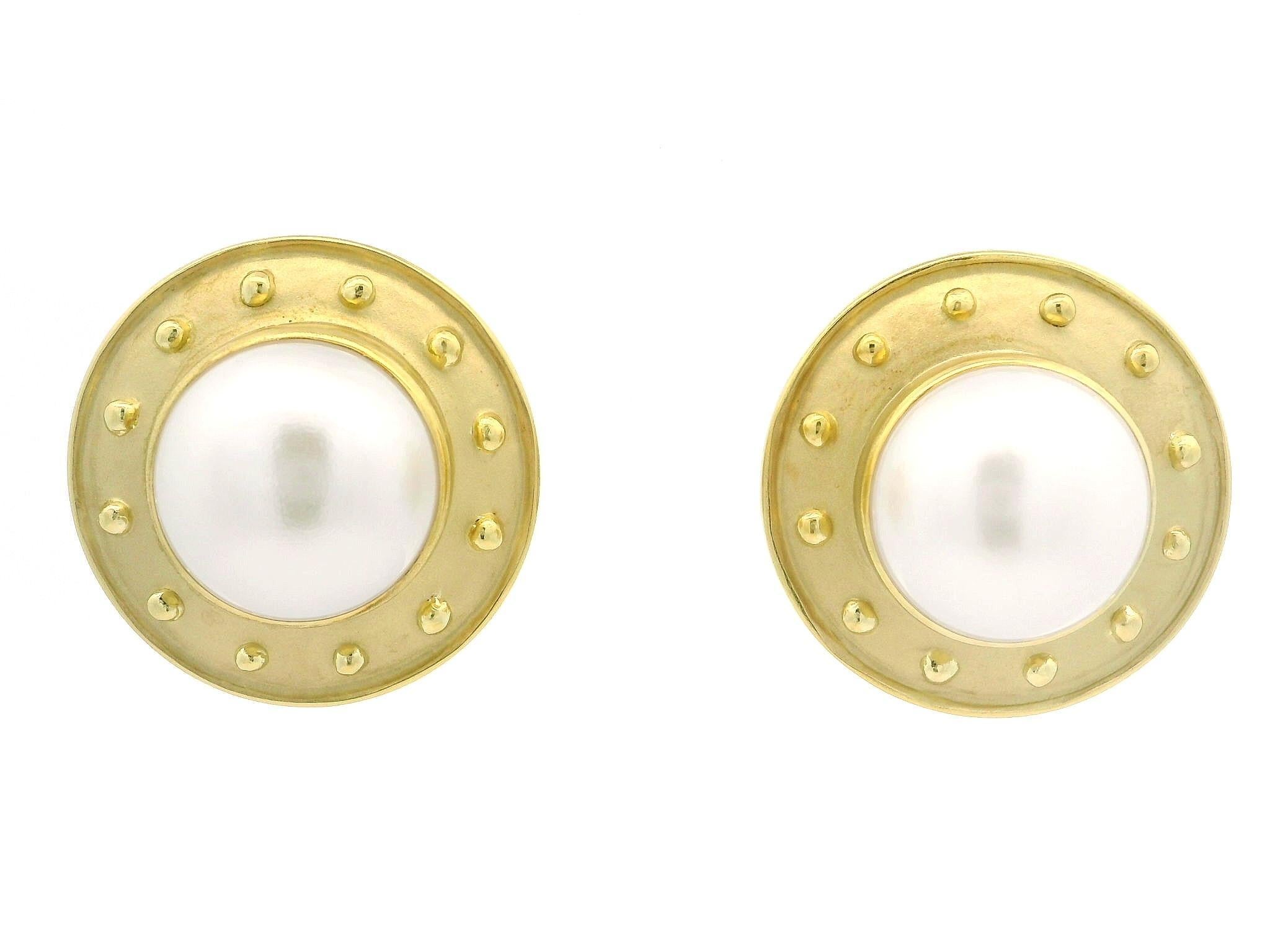 Maz 18k Yellow Gold 13.4mm Mabe Pearl Polished & Matte Finish Button Earrings