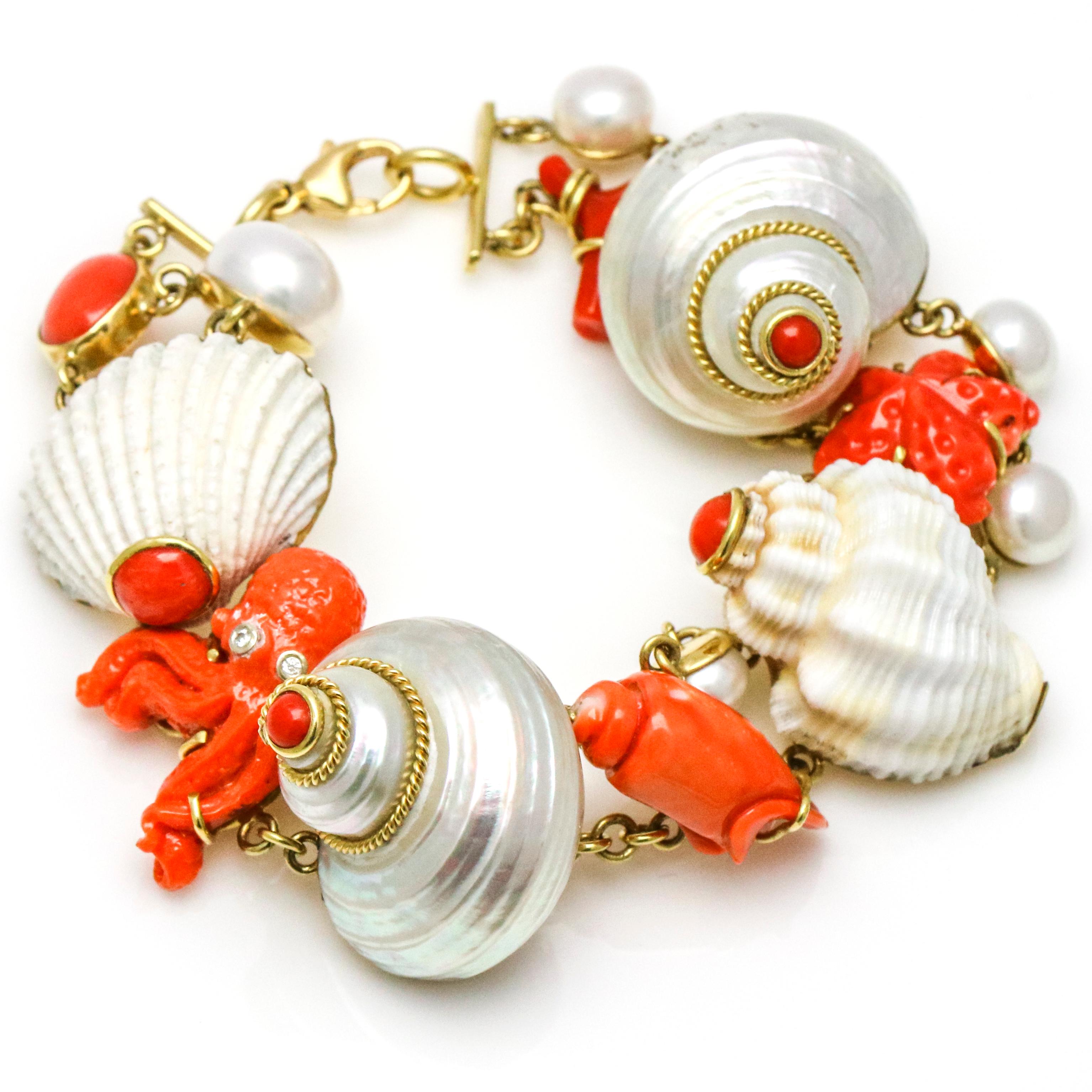 MAZ 18 Karat Yellow Gold Coral Shell Pearl Diamond Charm Bracelet In Fair Condition For Sale In Fort Lauderdale, FL