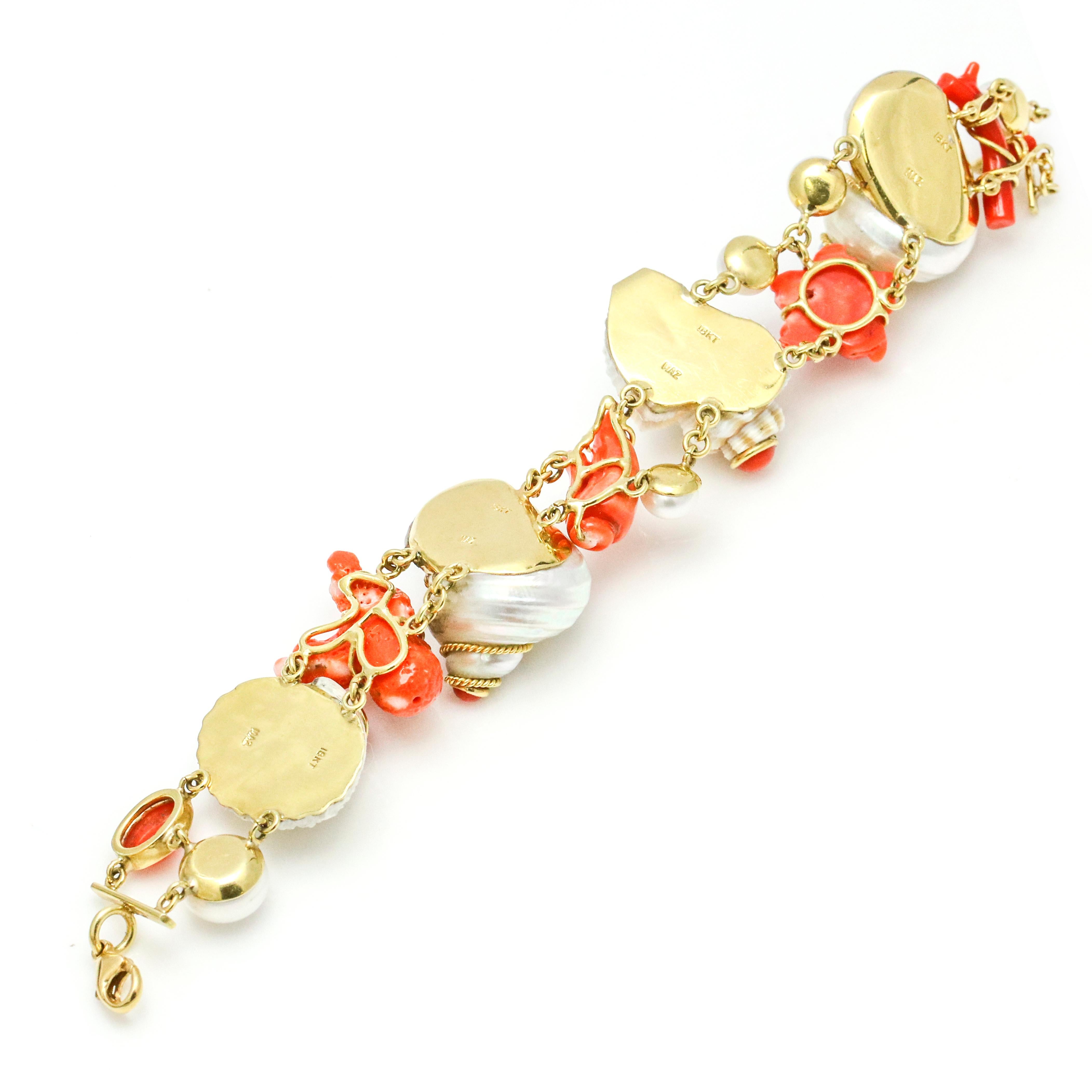 Women's MAZ 18 Karat Yellow Gold Coral Shell Pearl Diamond Charm Bracelet For Sale