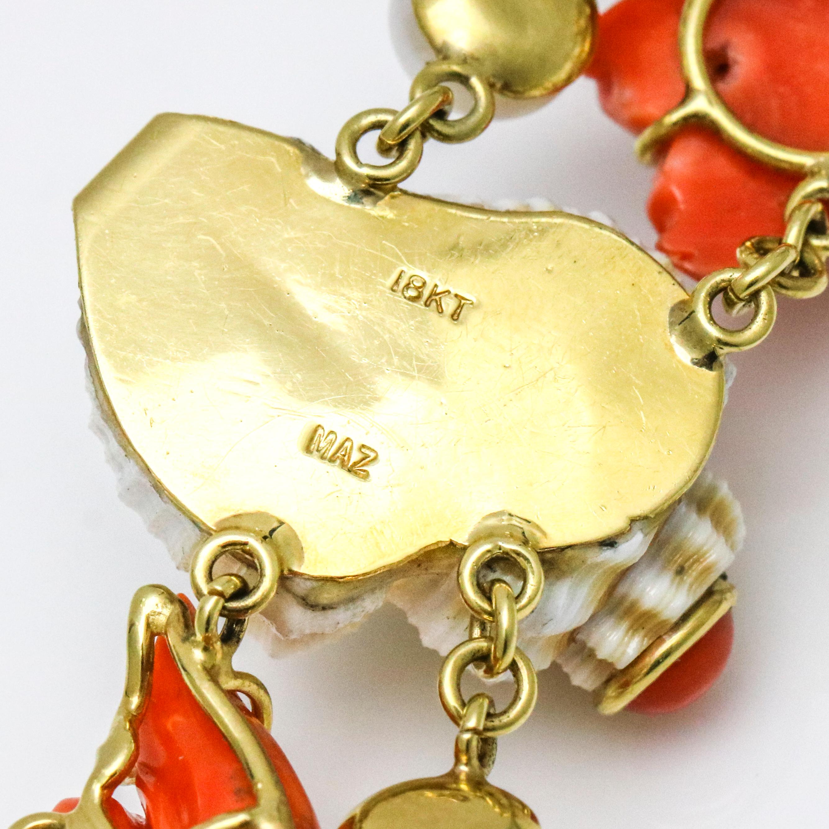 MAZ 18 Karat Yellow Gold Coral Shell Pearl Diamond Charm Bracelet For Sale 1