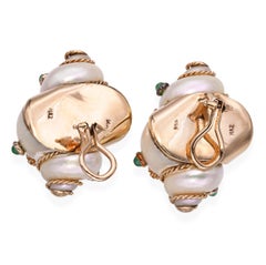 MAZ 18k Yellow Gold Turbo Shell and Emerald Clip On Earrings