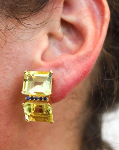 MAZ 1970 Bartholomew Mazza Modern Earrings In 14Kt Gold Heliodor & Sapphires
