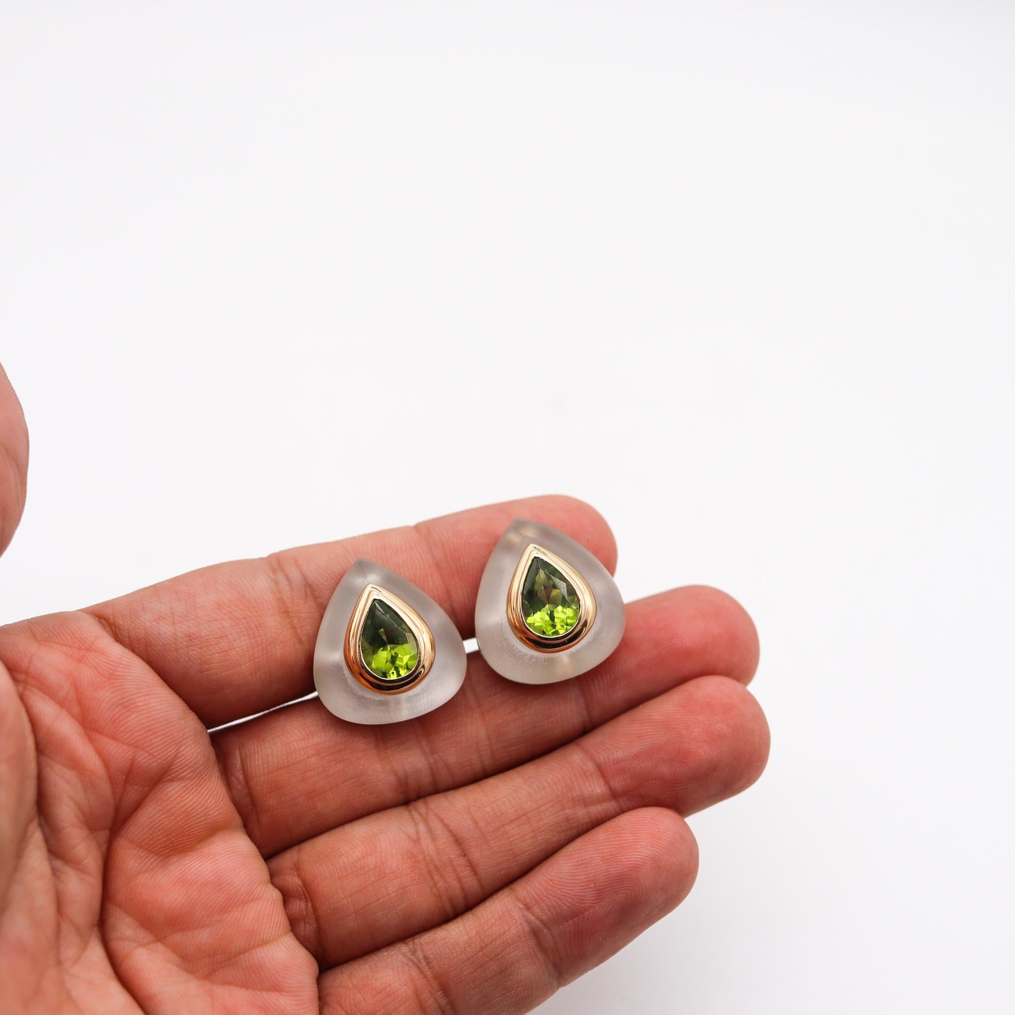 Maz 1970 Bartholomew Mazza Modernist Earrings in 14kt Gold Rock Quartz & Peridot For Sale 1