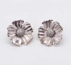 Maz 1970 Flower Earrings in 14Kt White Gold with 96.72 Ctw Rock Quartz & Diamond
