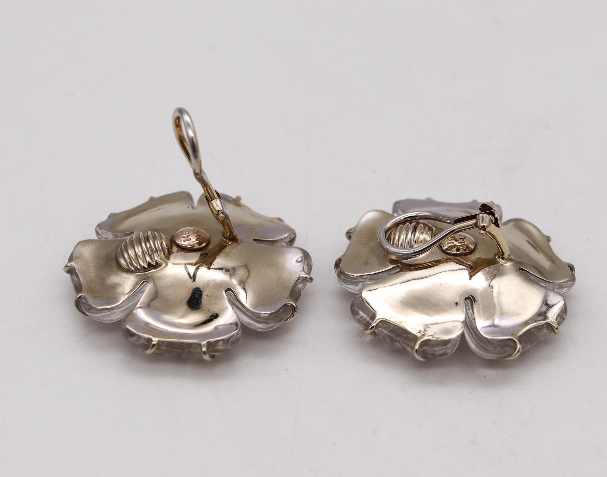 Brilliant Cut Maz 1970 Flower Earrings in 14Kt White Gold with 96.72 Ctw Rock Quartz & Diamond