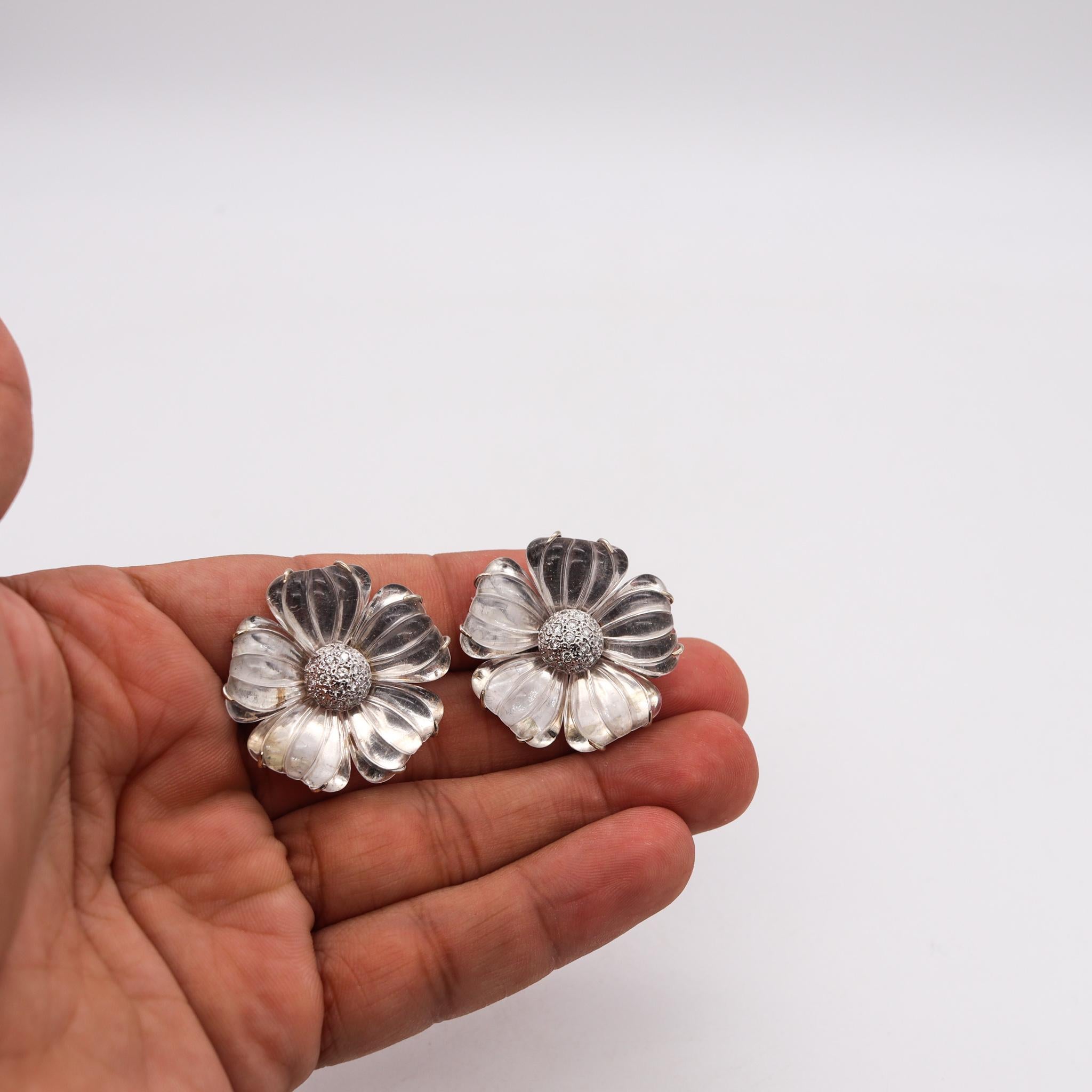 Women's Maz 1970 Flower Earrings in 14Kt White Gold with 96.72 Ctw Rock Quartz & Diamond
