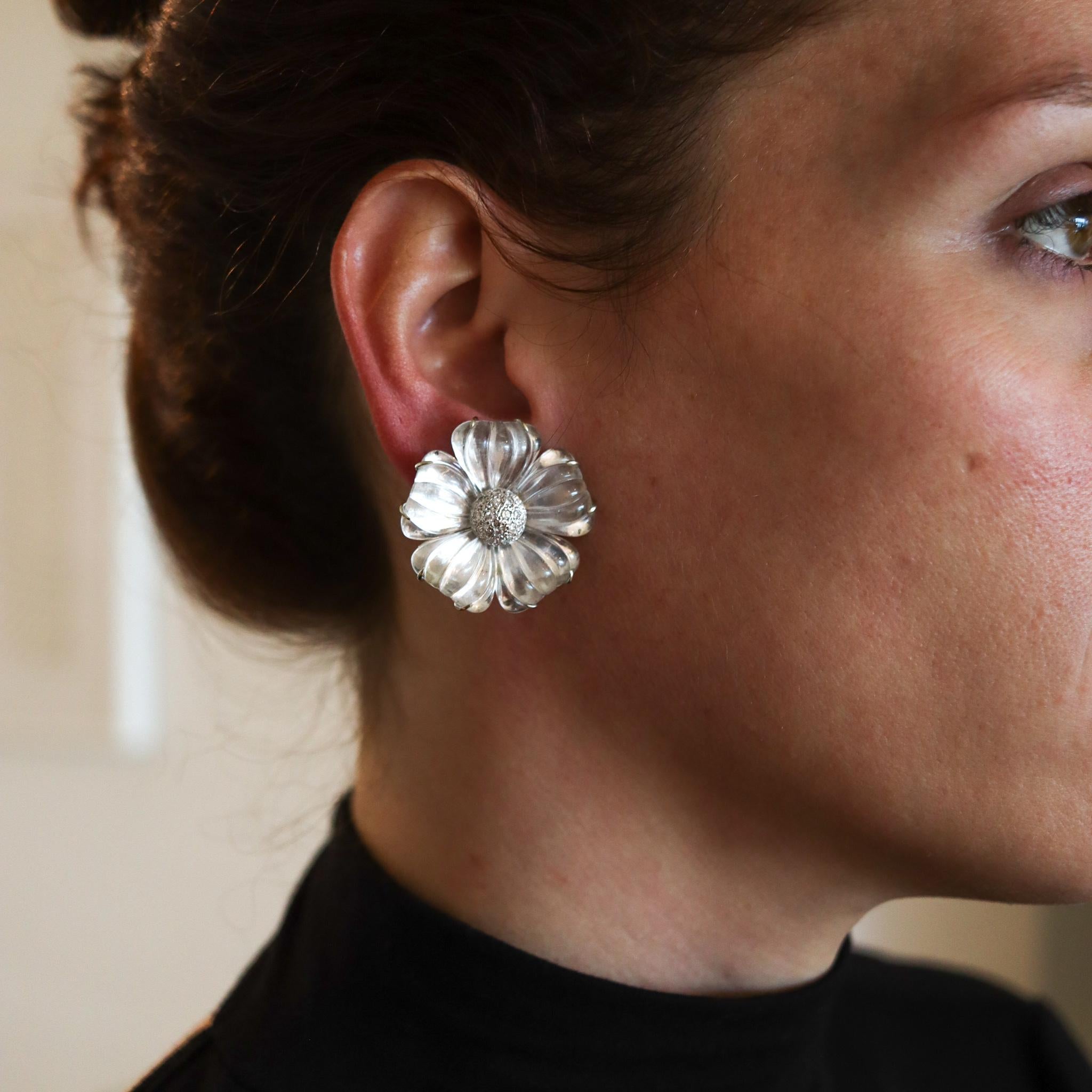Maz 1970 Flower Earrings in 14Kt White Gold with 96.72 Ctw Rock Quartz & Diamond 1