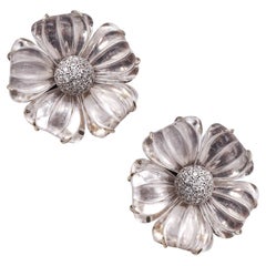 Vintage Maz 1970 Flower Earrings in 14Kt White Gold with 96.72 Ctw Rock Quartz & Diamond