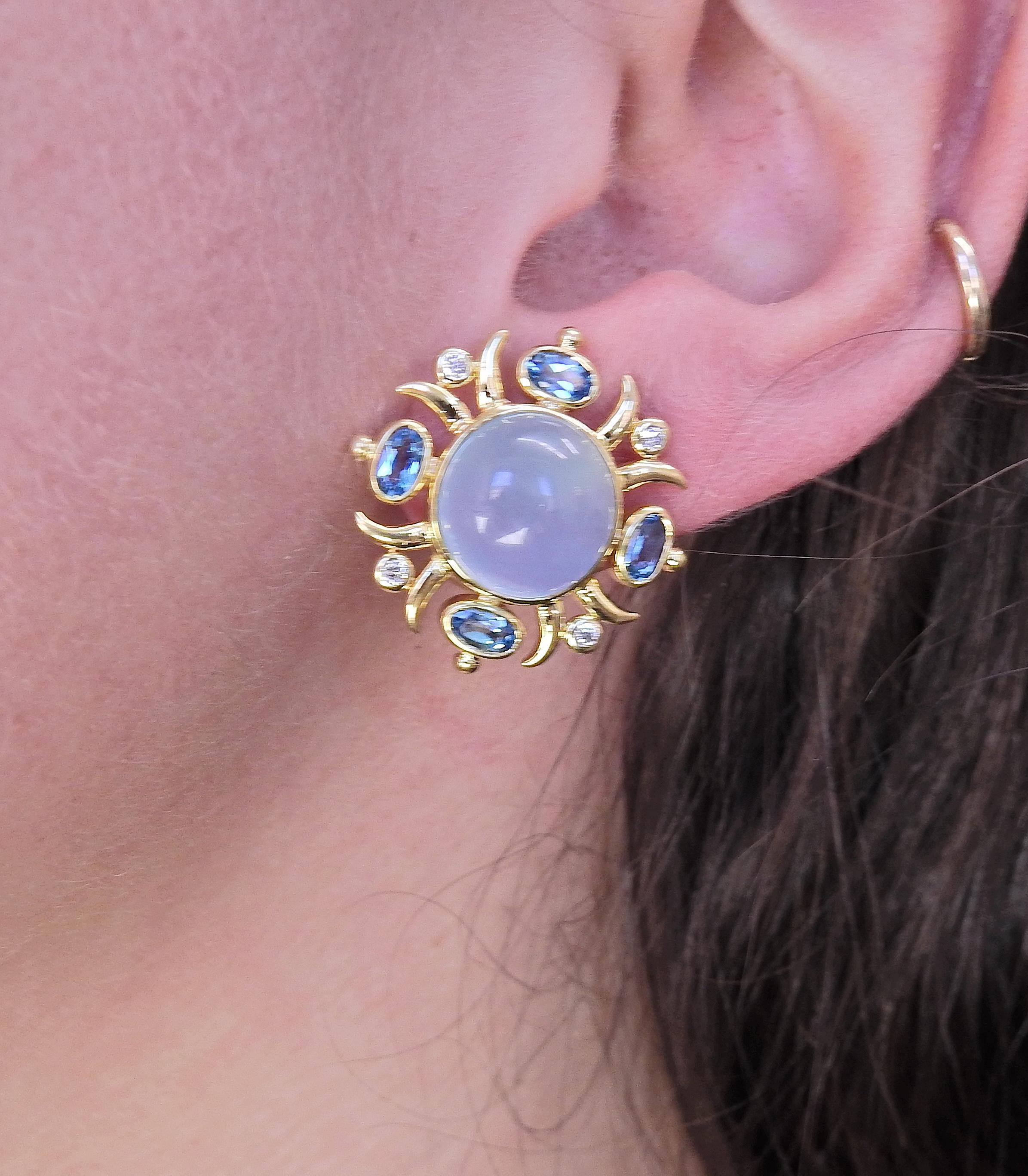 Cabochon Maz Aquamarine Blue Topaz Diamond Gold Earrings For Sale