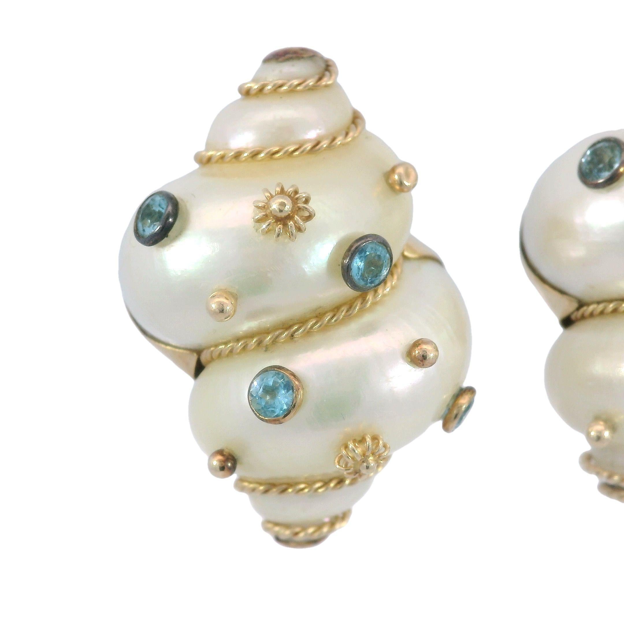 Women's Maz Aquamarine Turbo Shell Clip On Earrings in 14K Gold