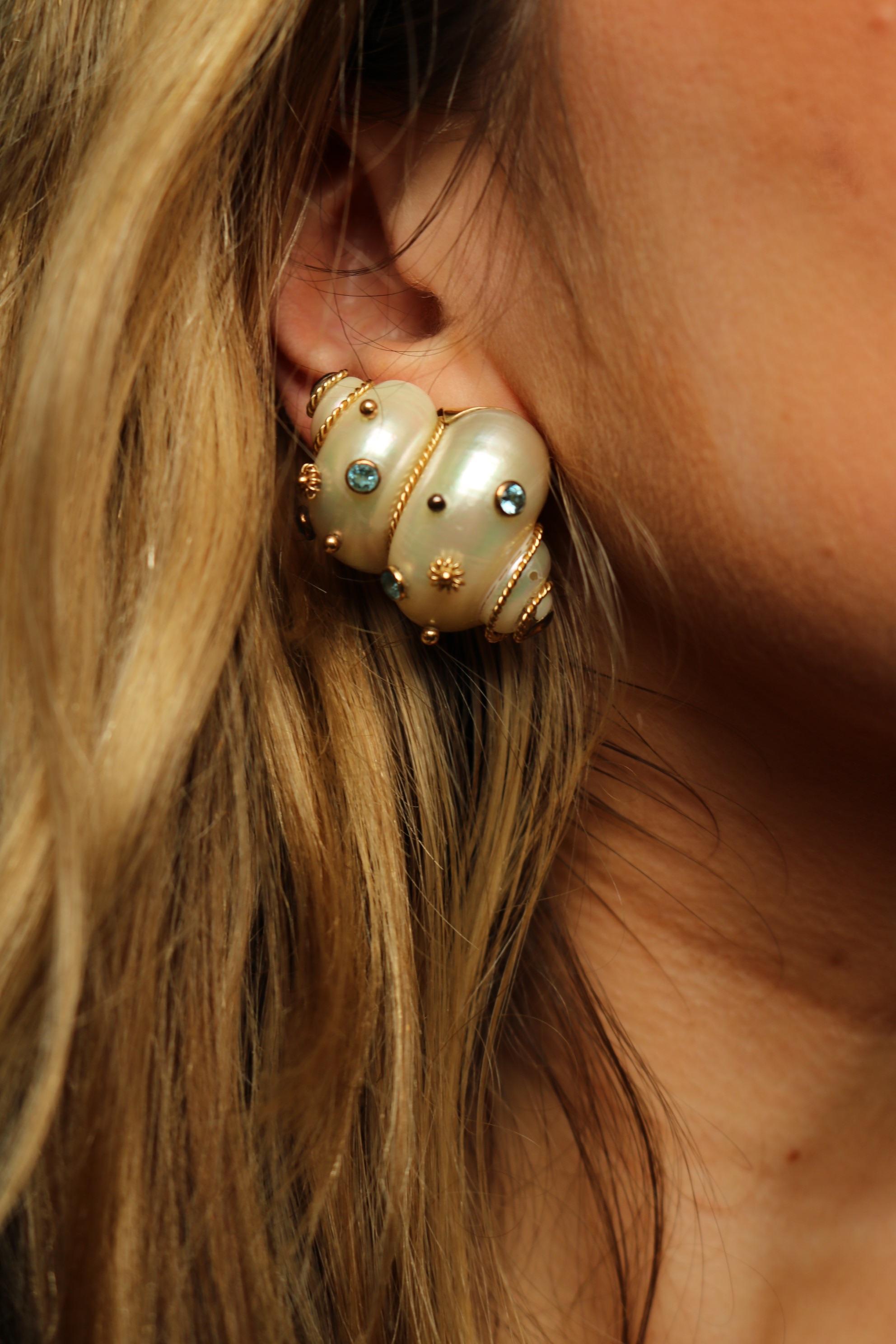 Maz Aquamarine Turbo Shell Clip On Earrings in 14K Gold 3