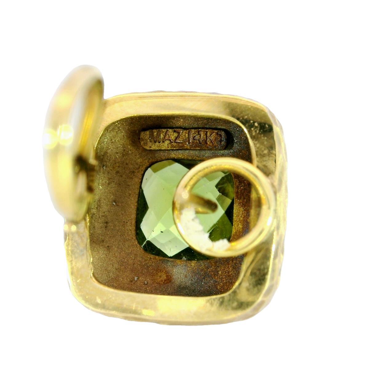 Women's Maz Peridot Bezel Set Cushion Cut Clip-On Earrings in 14K ~5.4ctw Designer For Sale