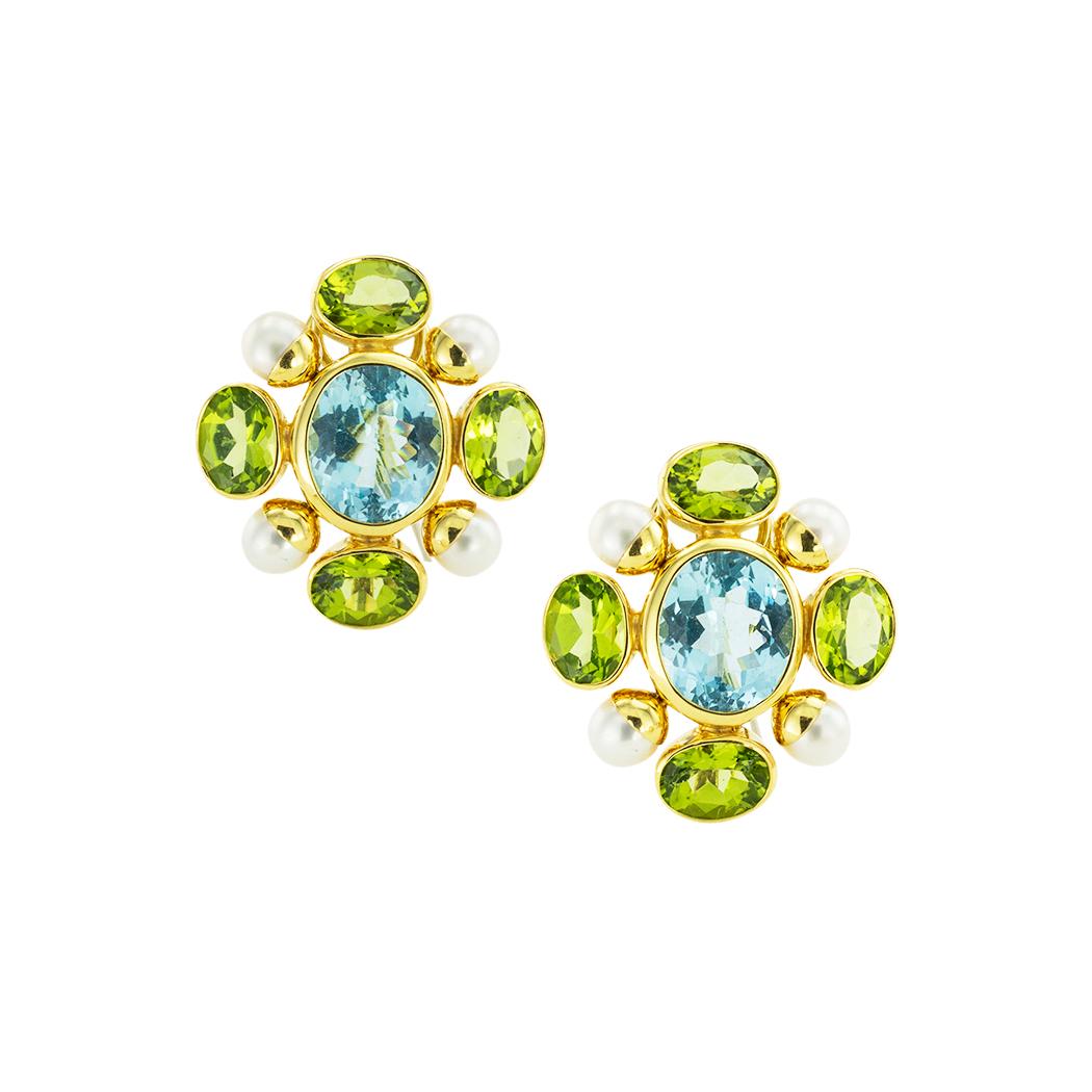 Blue topaz peridot cultured pearl and diamond day-into-night yellow gold drop earrings by Maz. *

ABOUT THIS ITEM:  #E-DJ69C. Scroll down for detailed specifications.  These earrings are a stunning piece of jewelry that effortlessly transitions from