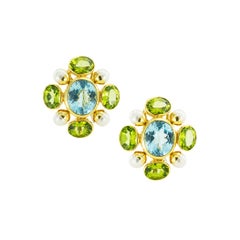 Maz Blue Topaz Peridot Cultured Pearl Diamond Drop Earrings