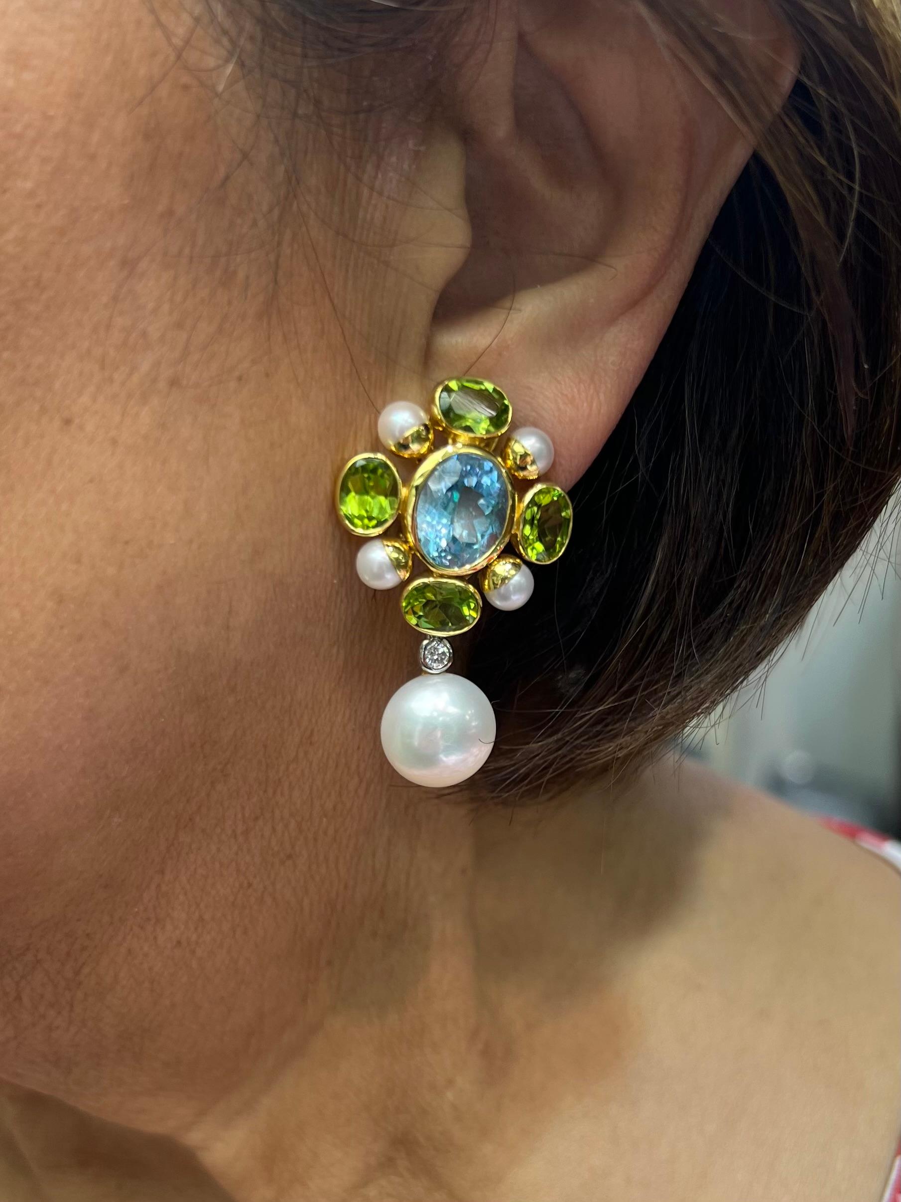 Maz Blue Topaz Peridot Cultured Pearl Diamond Drop Earrings In Good Condition In Los Angeles, CA