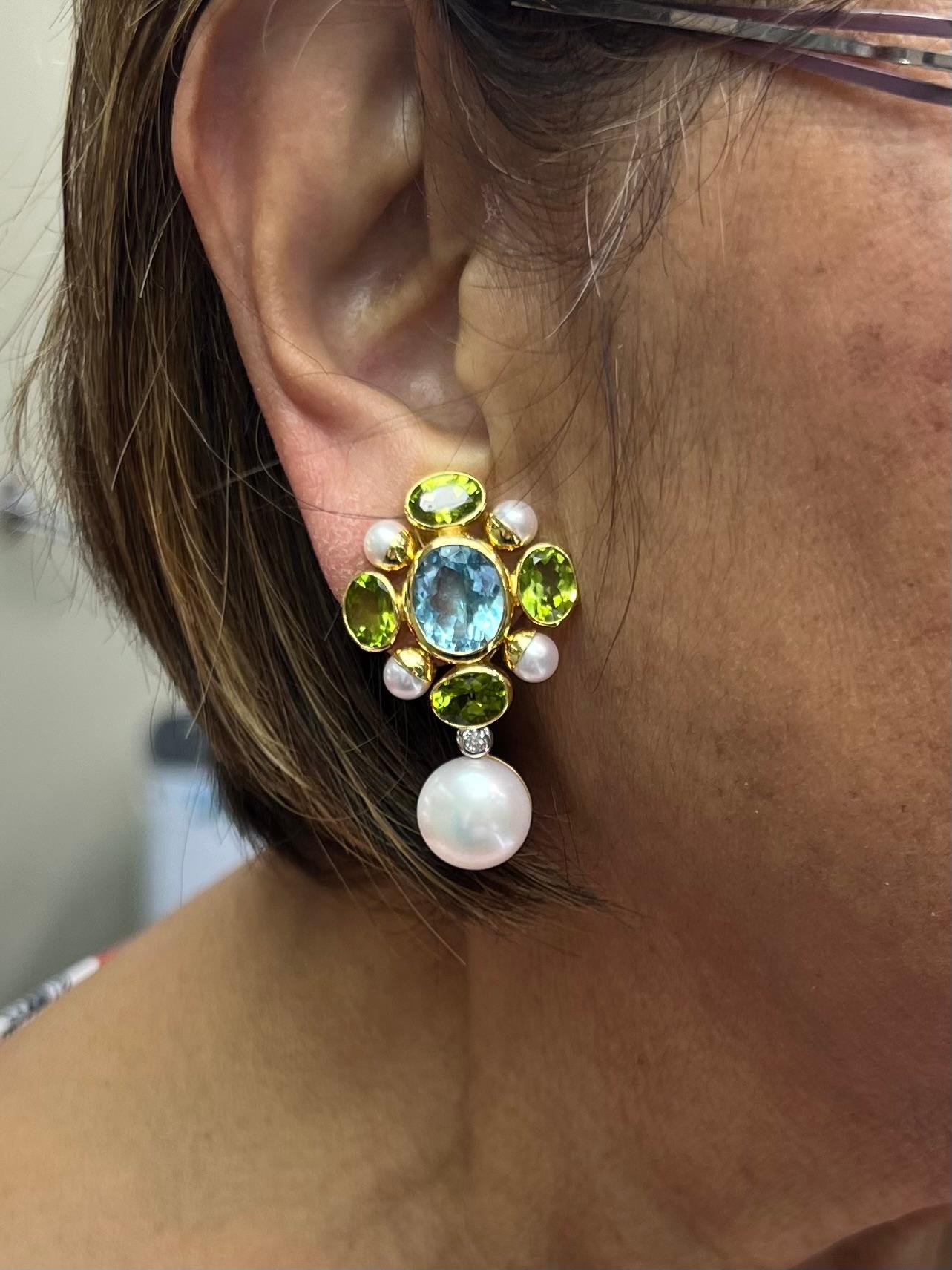 Women's or Men's Maz Blue Topaz Peridot Cultured Pearl Diamond Drop Earrings