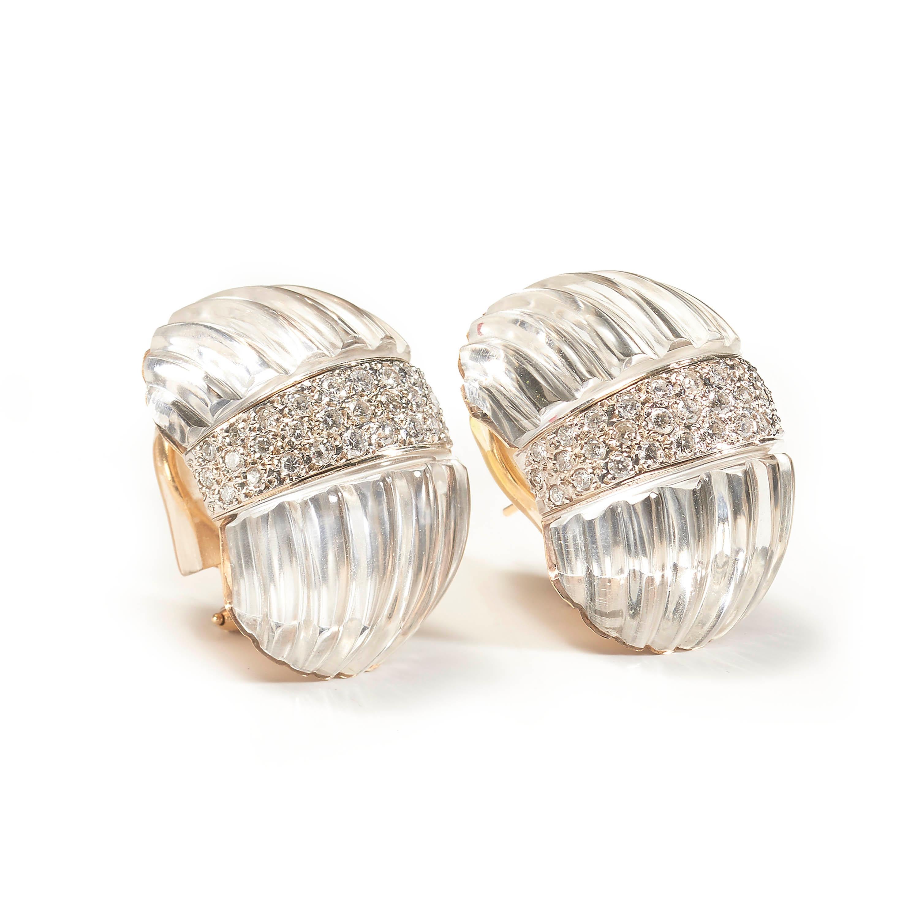 Contemporary Maz Carved Rock Crystal and Diamond Earrings, 2.25 Carats For Sale