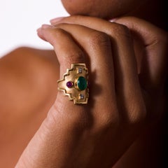 Maz esmeralda rubí diamante anillo de oro amarillo de 14k