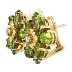 Maz Flower Cluster Earrings 14k Peridot Diamond Earrings Yellow Gold ~12.32ctw