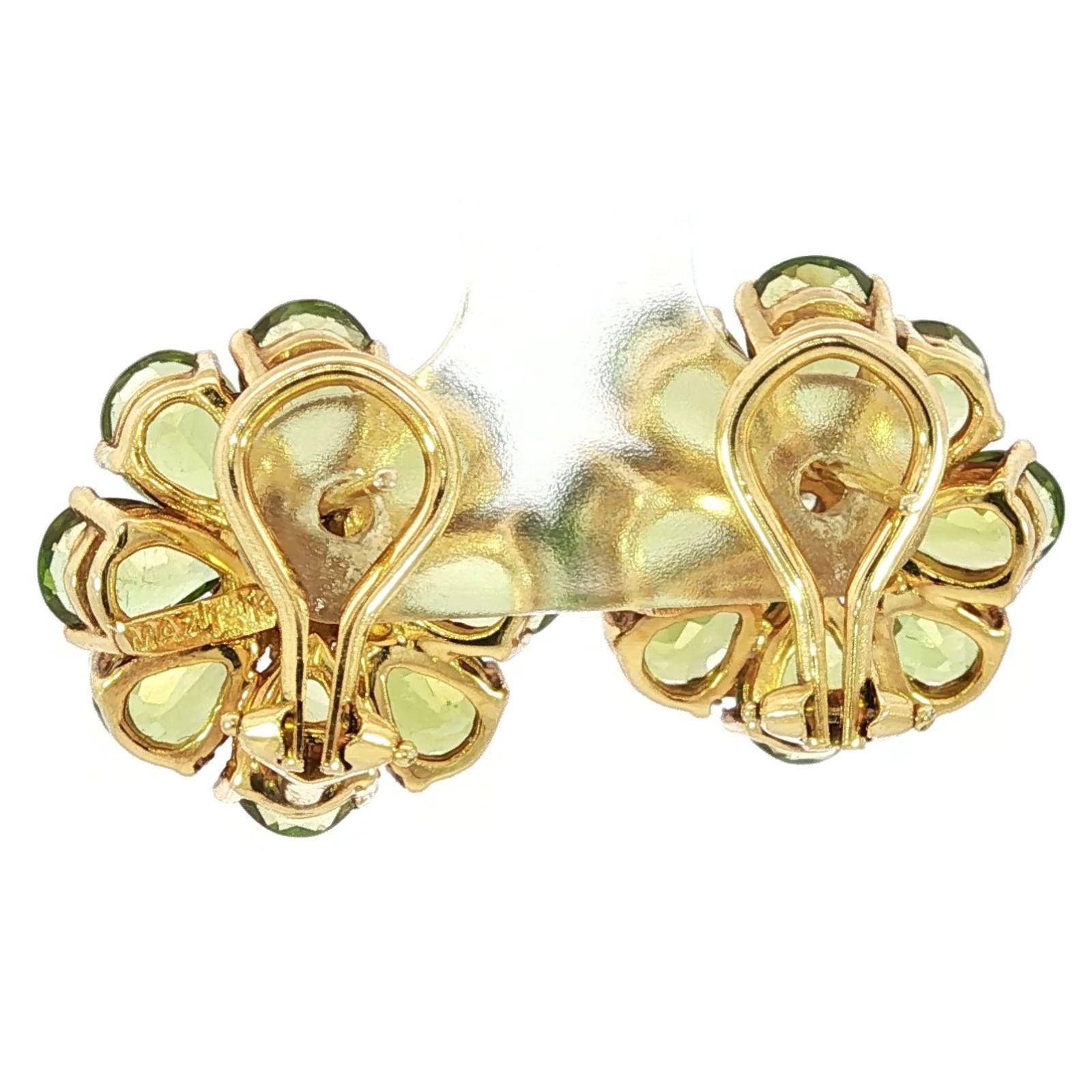Boucles d'oreilles fleurs en or jaune 14k Boucles d'oreilles diamant péridot ~12.32ctw Pour femmes en vente