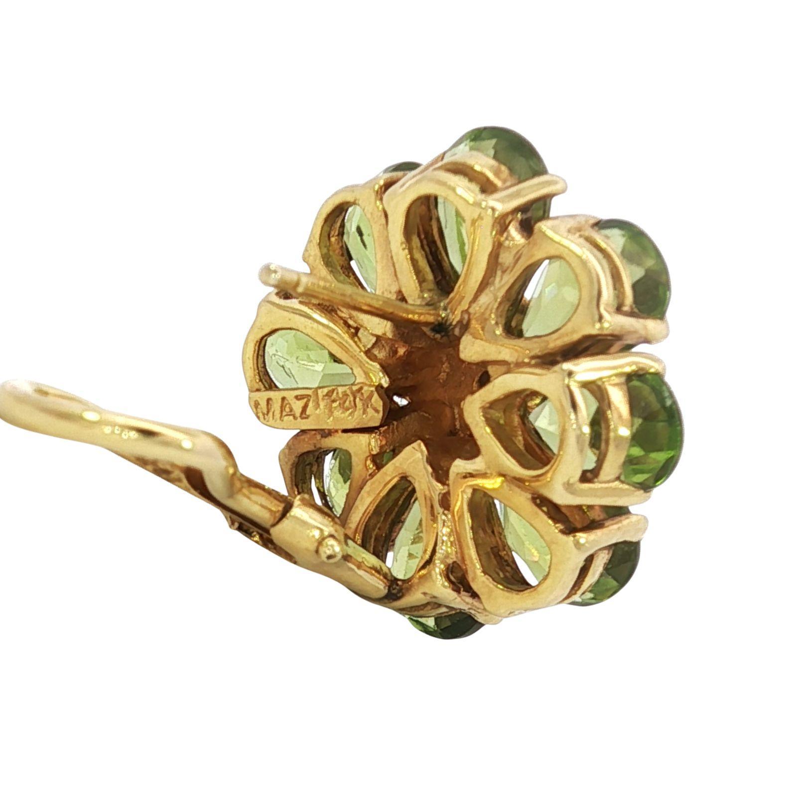 Boucles d'oreilles fleurs en or jaune 14k Boucles d'oreilles diamant péridot ~12.32ctw en vente 3