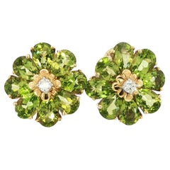 Maz Flower Cluster Earrings 14k Peridot Diamond Earrings Yellow Gold ~12.32ctw