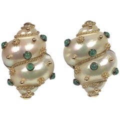 Maz Large Gold Gemstone and Turbo Shell Earrings