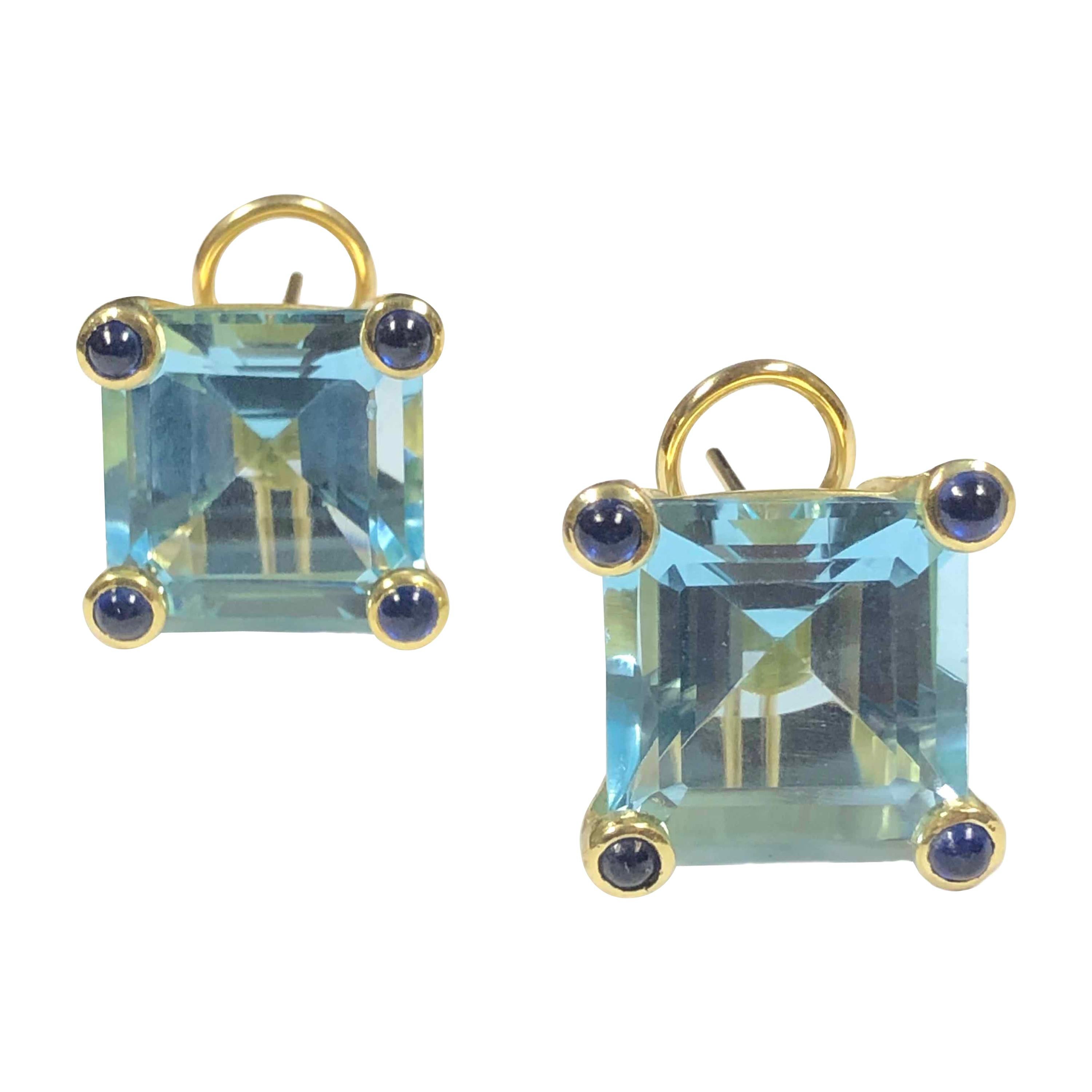Maz Large Yellow Gold Blue Topaz and Sapphire Earrings
