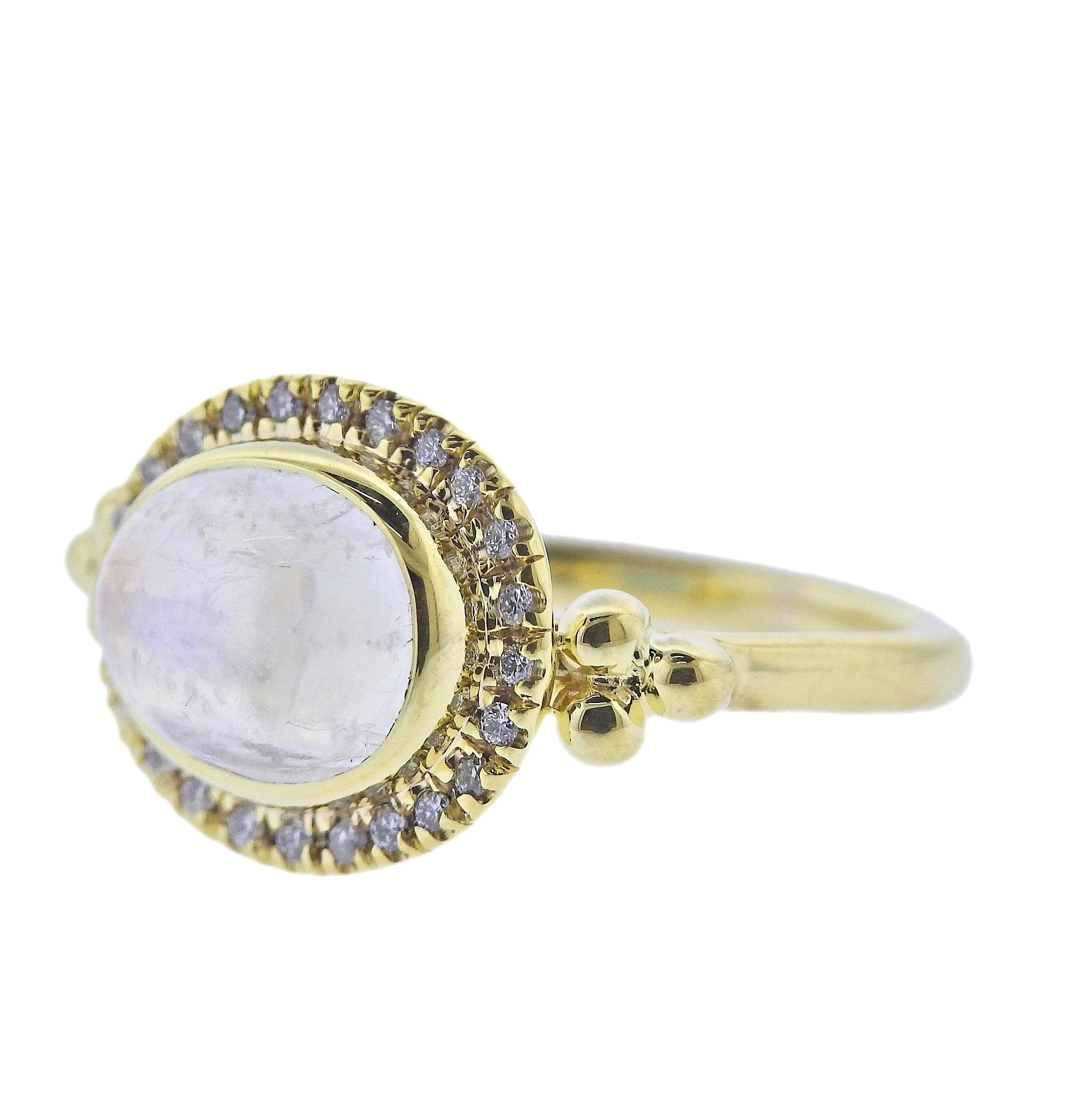 Brand new 14k gold Maz ring, with 0.12ctw H/VS diamonds and moonstone. Ring size 6.75, top is 12 x 20mm, weight 4.1 grams. Marked: MAZ, 14k.