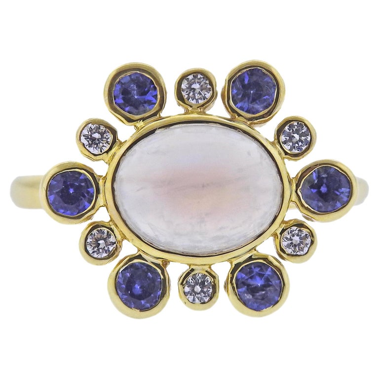 Bague Visage Lune Or Blanc 10 Carats – Pierre De Lune Naturelle Et Diamants – Taille US 7