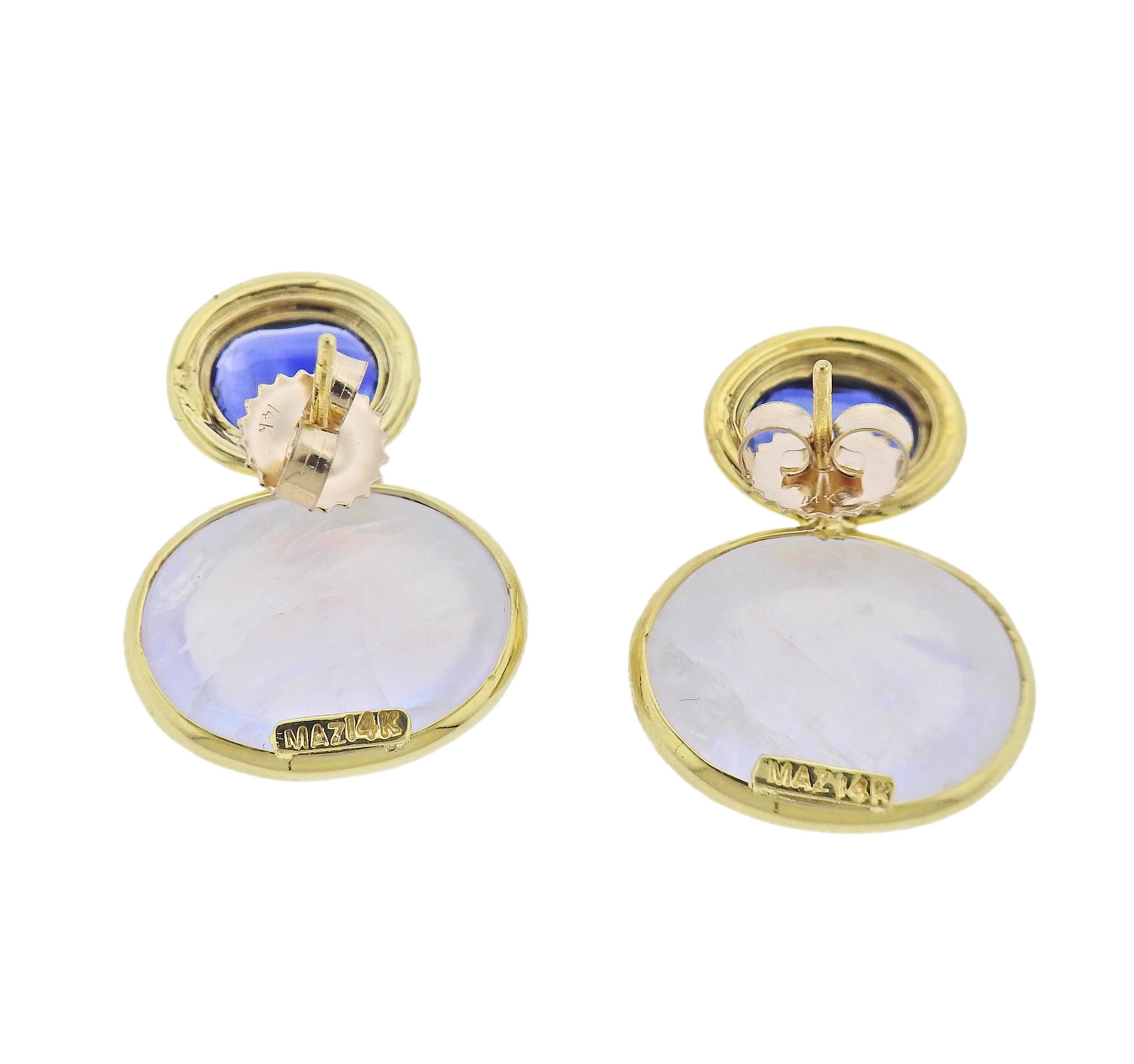 Brand new 14k gold Maz earrings with moonstones and sapphires. Earrings are 23mm x 18mm. Marked: MAZ, 14k.. Weight - 9 grams.