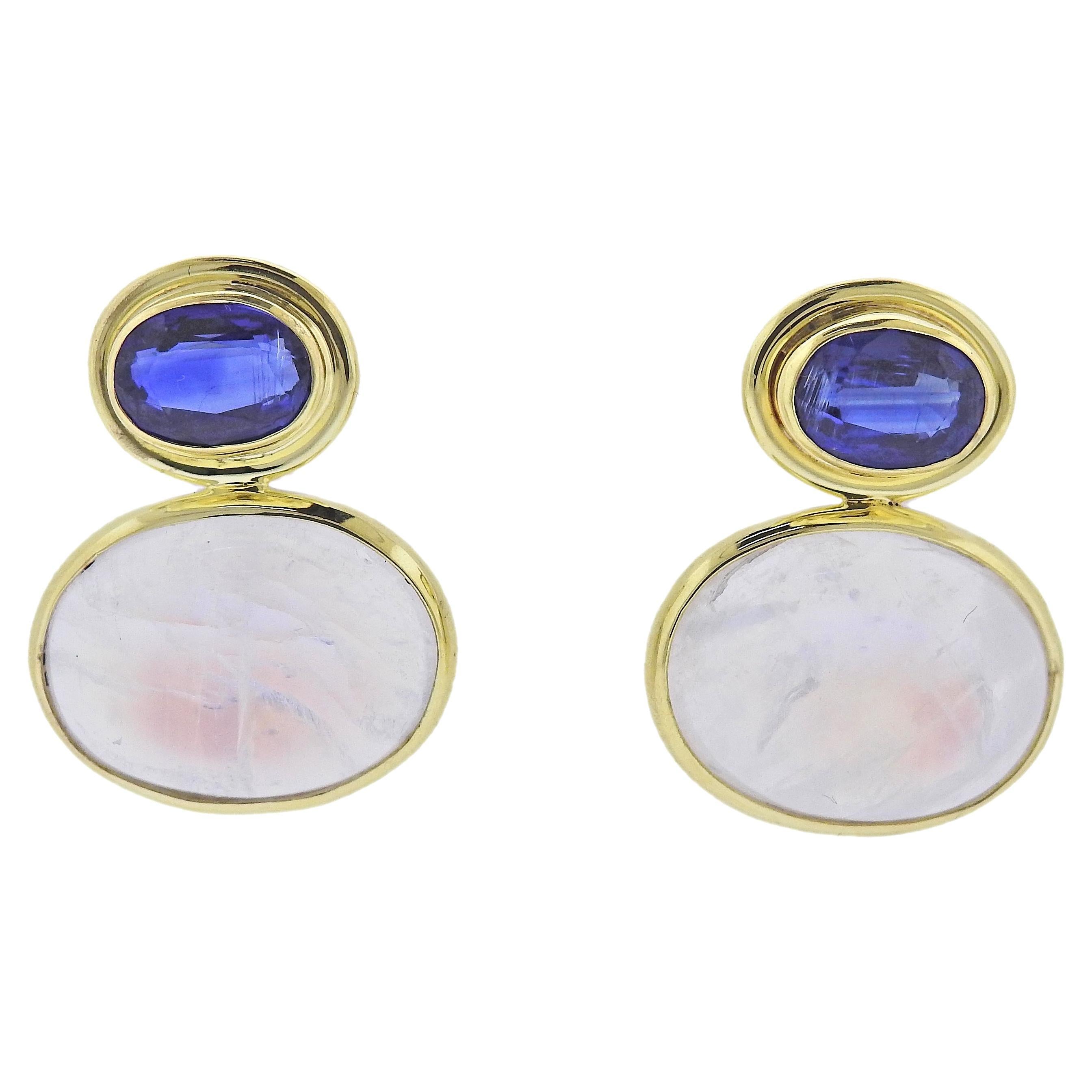 Maz Moonstone Sapphire Gold Earrings For Sale