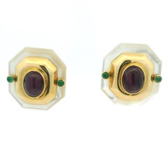 MAZ Mother-of-Pearl Ruby Emerald 14K Gold Earrings, Circa 1980