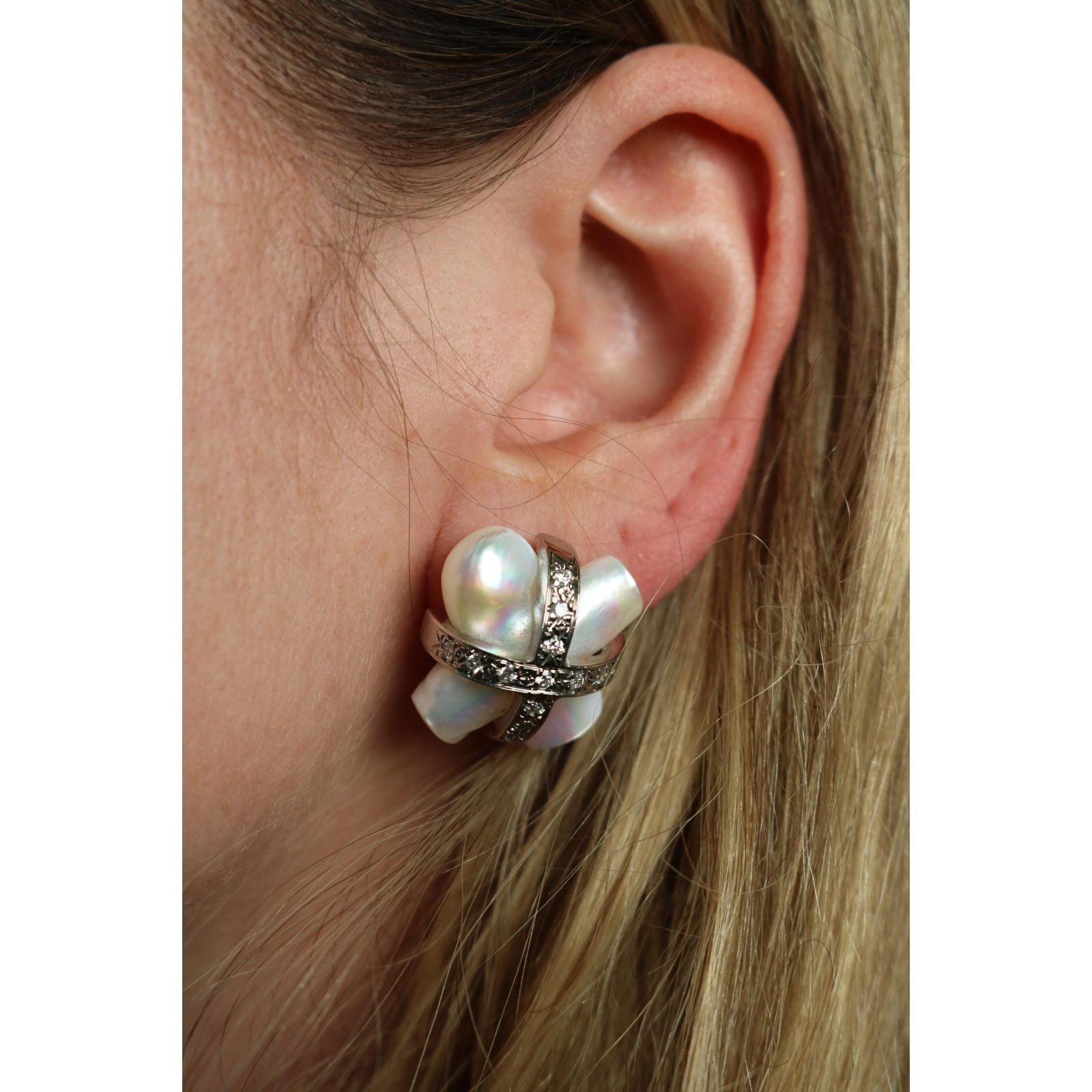 MAZ Pearl Diamond Earrings 18K Mother of Pearl White & Yellow Gold ~.78ctw For Sale 6