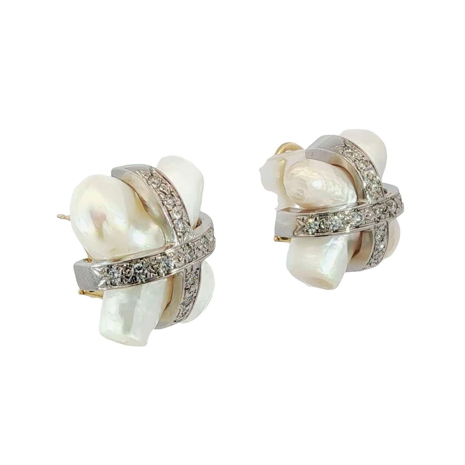 Round Cut MAZ Pearl Diamond Earrings 18K Mother of Pearl White & Yellow Gold ~.78ctw For Sale