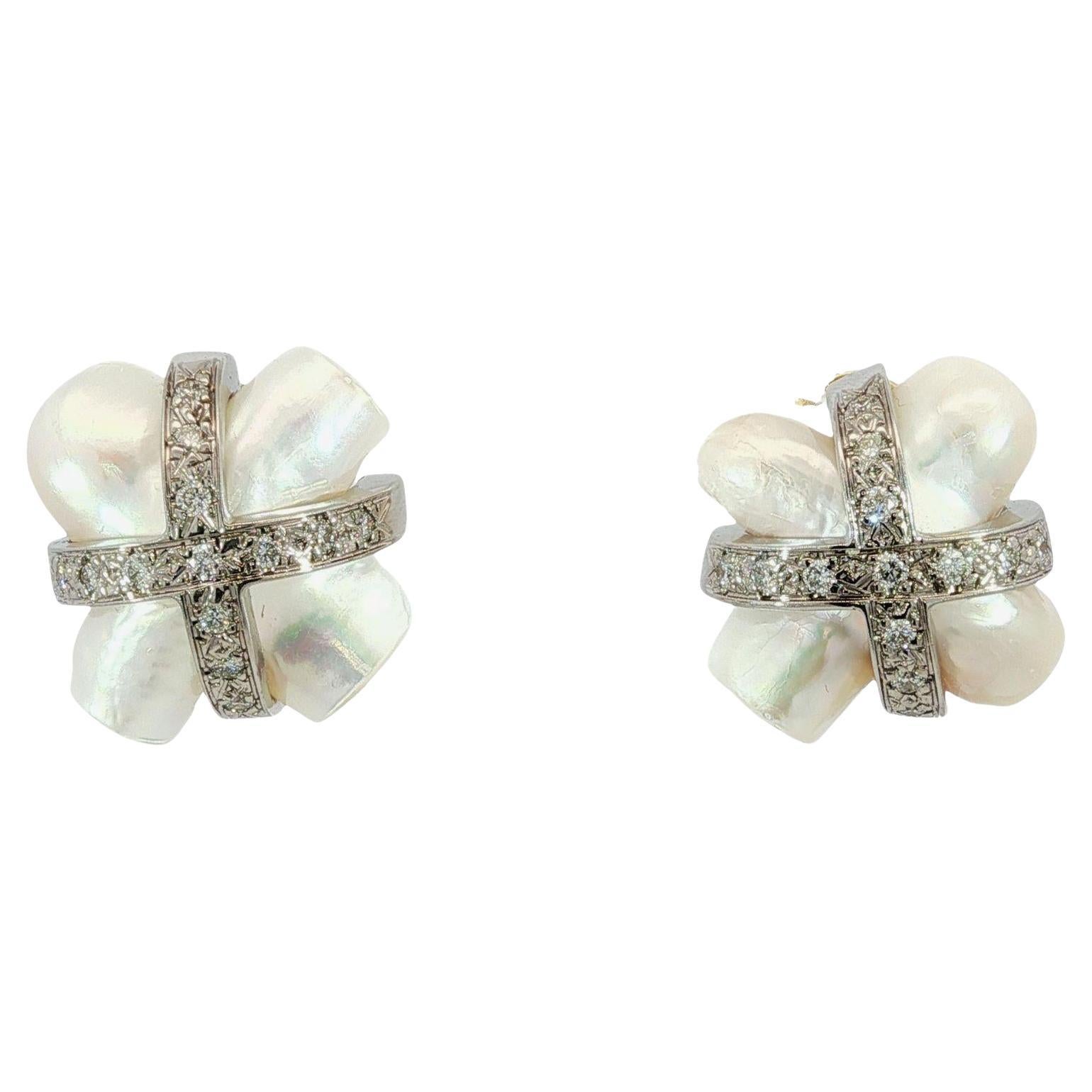 MAZ Pearl Diamond Earrings 18K Mother of Pearl White & Yellow Gold ~.78ctw For Sale