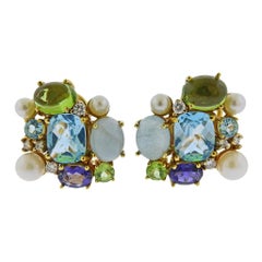 Maz Pearl Iolite Topaz Aquamarine Diamond Peridot Gold Earrings